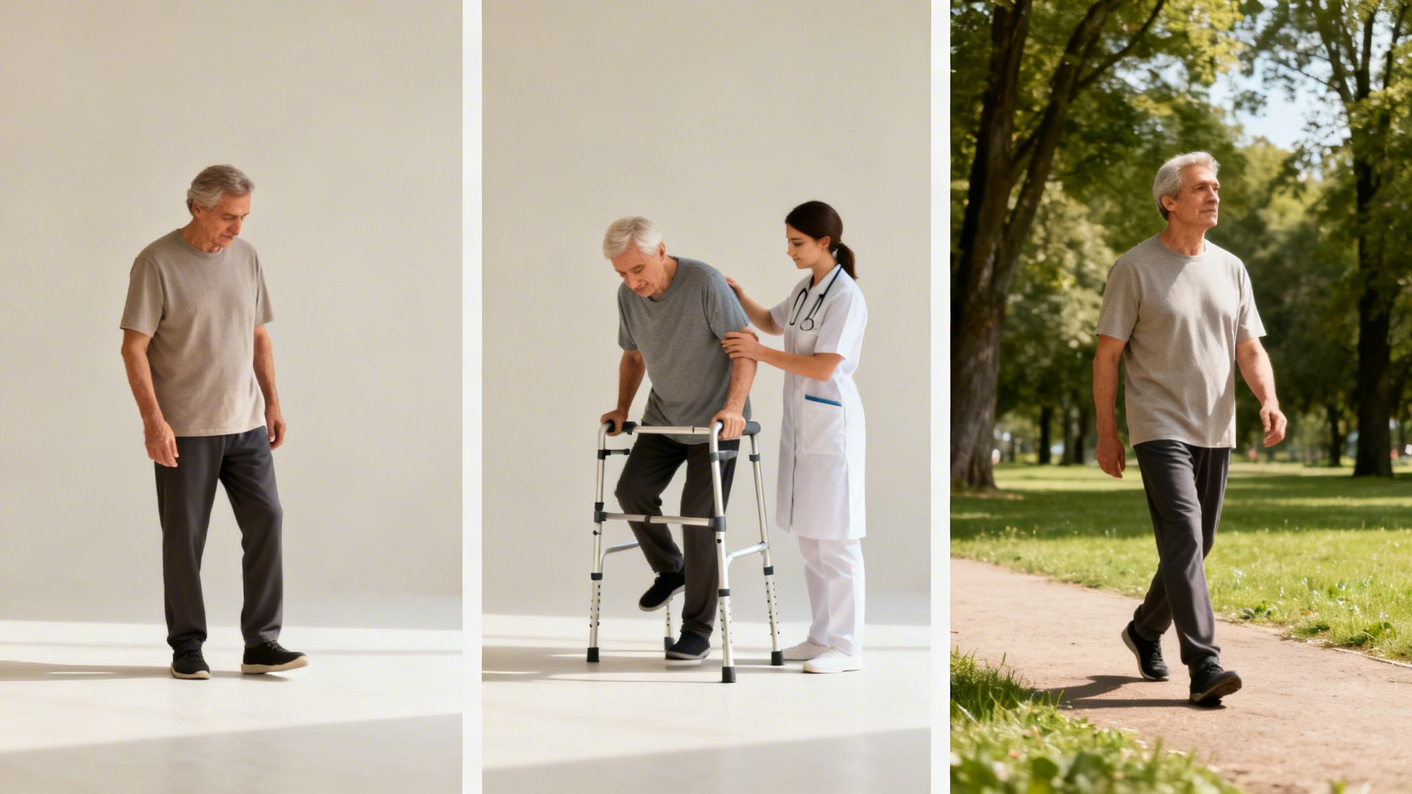 Three panels show an older man's journey: standing, using a walker with a nurse, and walking in a park.