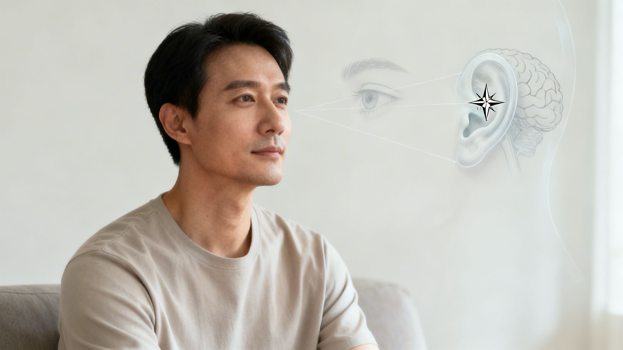 A thoughtful man next to a medical illustration of the ear, eye, and brain with a star symbol.