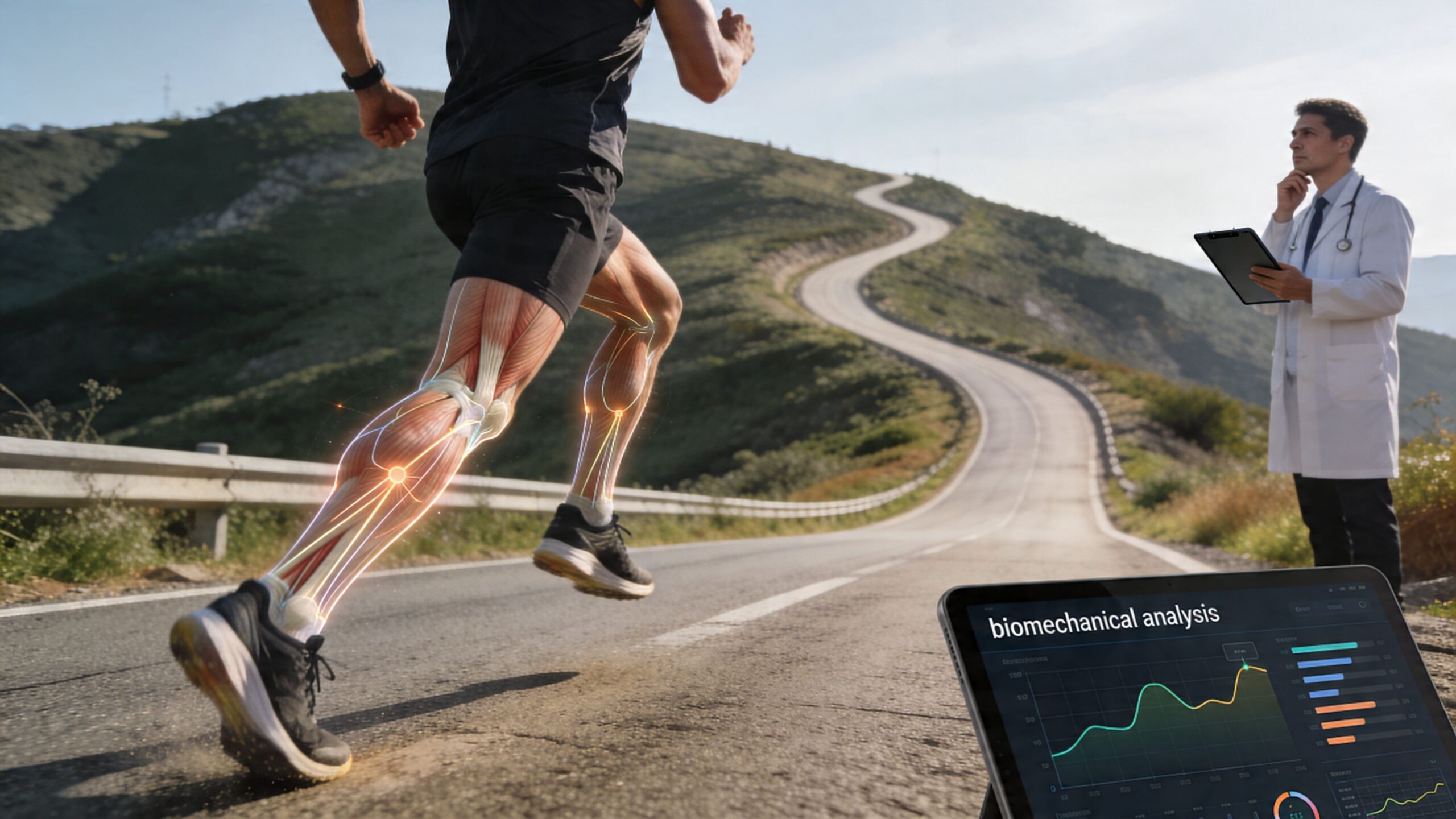 A professional physical therapist analyzing a runner's biomechanics using advanced digital data and muscle visualization technology.