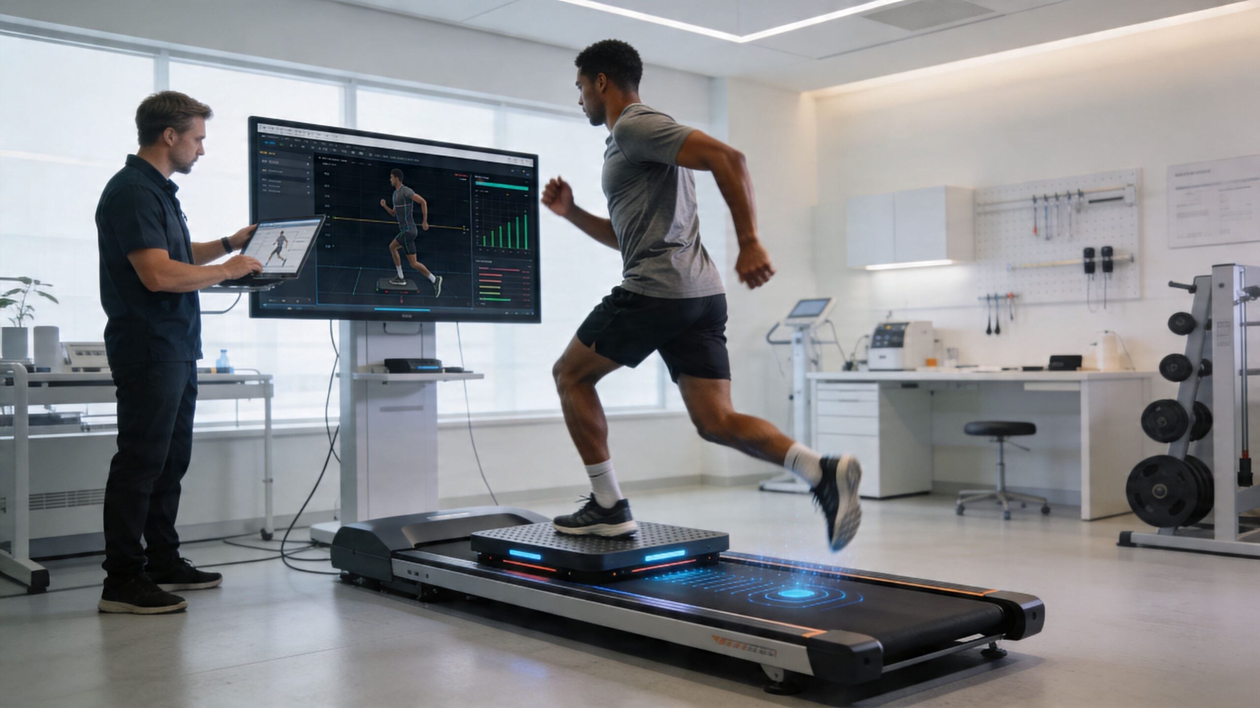 A professional physical therapist monitoring a runner's gait analysis on a digital treadmill with motion tracking sensors.