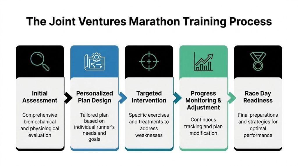 A flowchart showing the five-step Joint Ventures marathon training process from assessment to race day readiness.