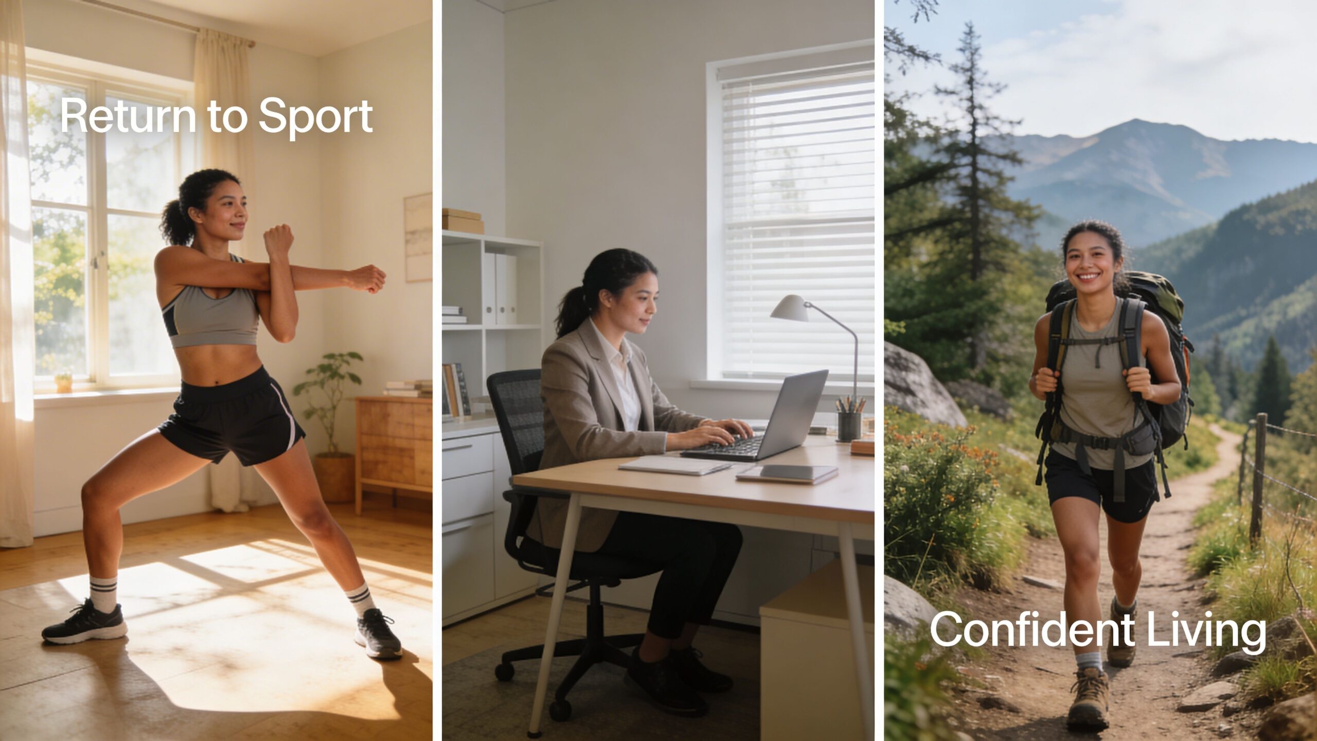 A collage showing a woman exercising, working at an office desk, and hiking outdoors with a backpack.