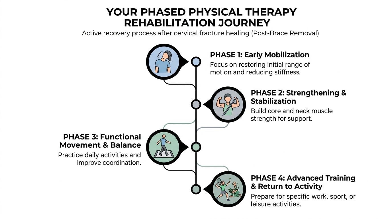 A diagram outlining the four phases of a physical therapy rehabilitation journey following cervical fracture healing.