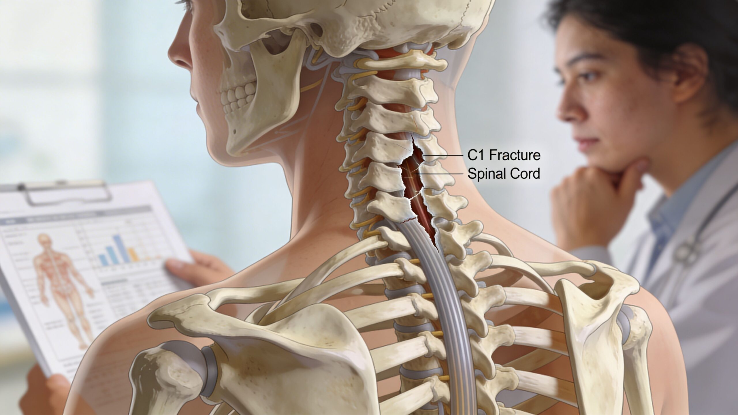 A medical illustration showing a patient with a C1 spinal fracture and a doctor reviewing medical records.