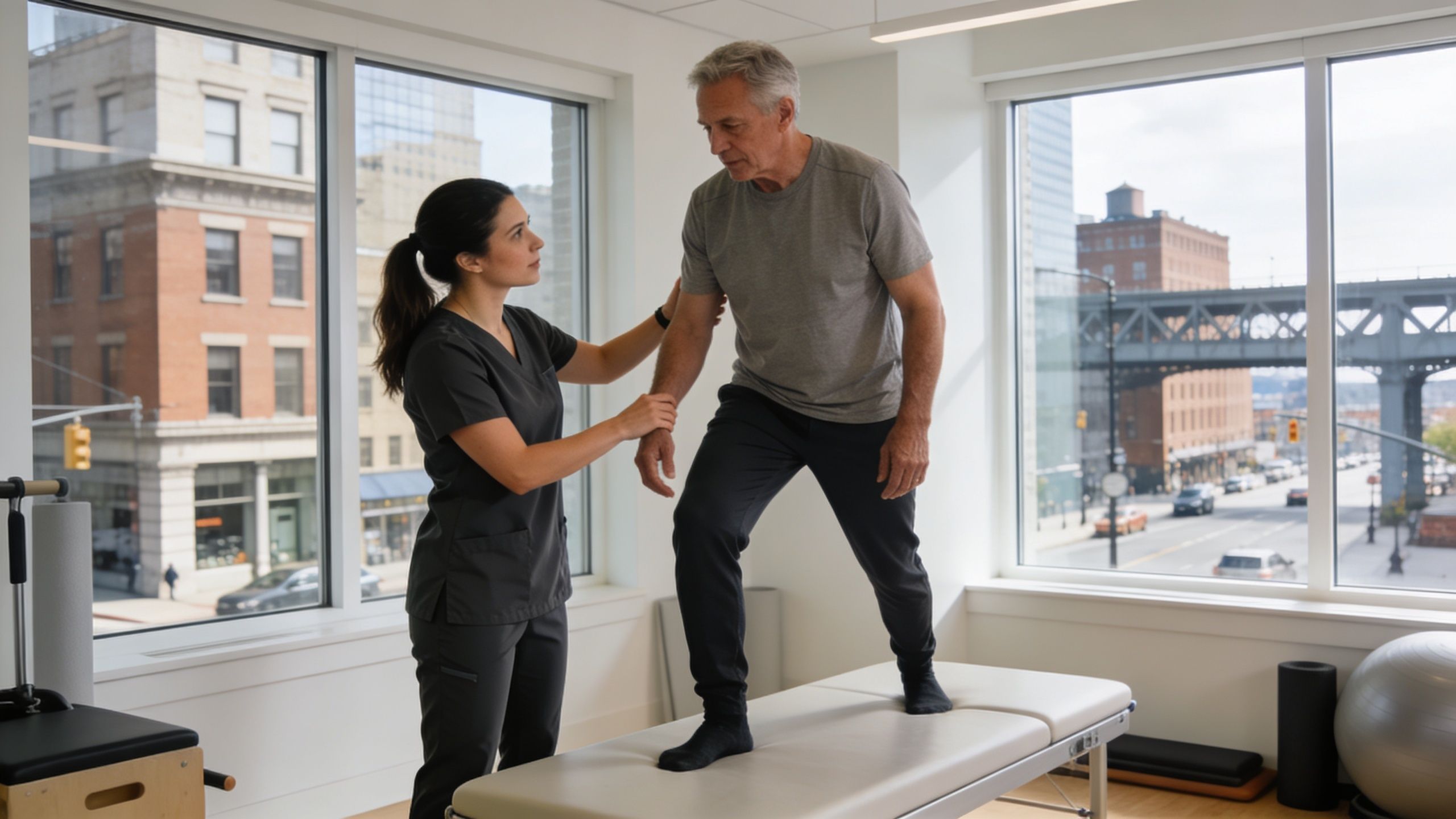 A female physical therapist assisting an older man with balance exercises on a treatment table in Boston.