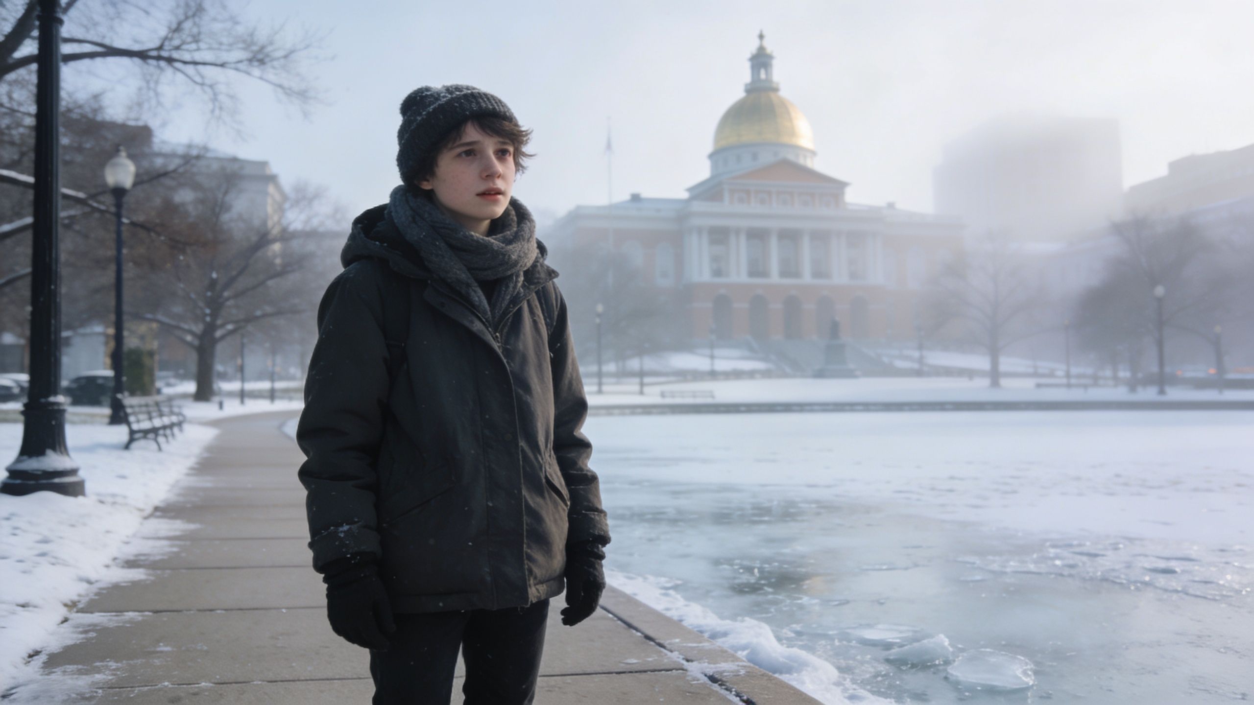 A young person standing near a frozen pond in Boston with the Massachusetts State House behind them.