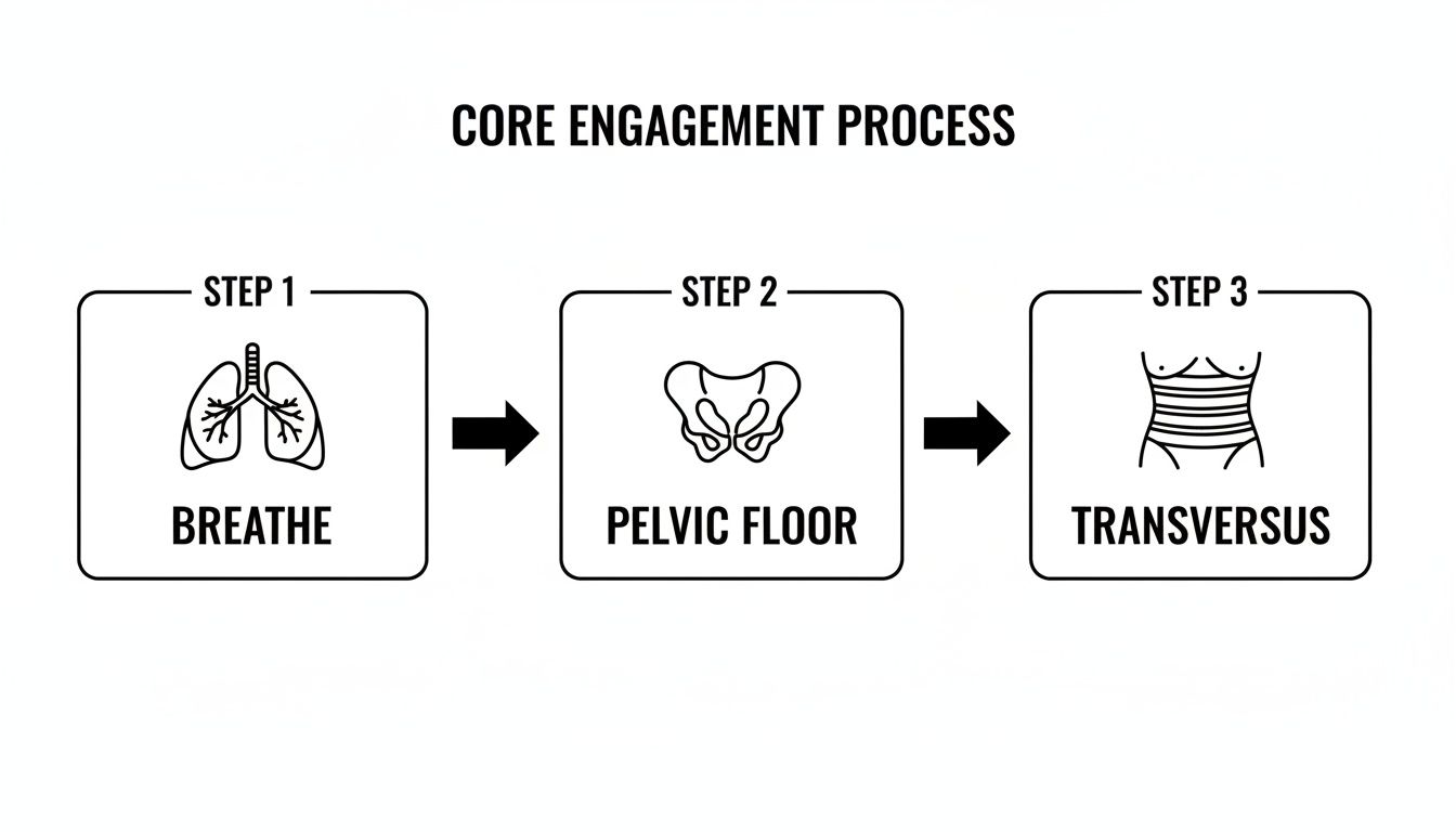 Diagram illustrating the three-step core engagement process: breathe, pelvic floor, and transversus muscles.