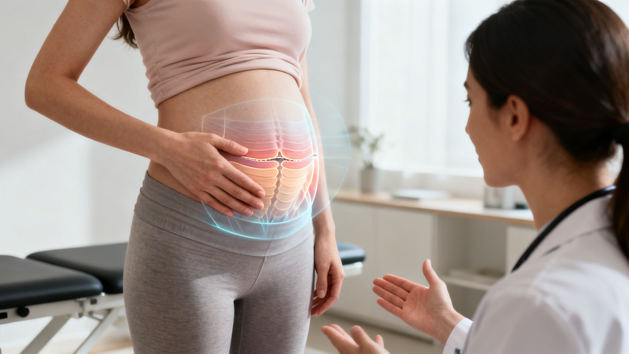 Pregnant woman consulting a doctor about diastasis recti, with an anatomical overlay on her abdomen.