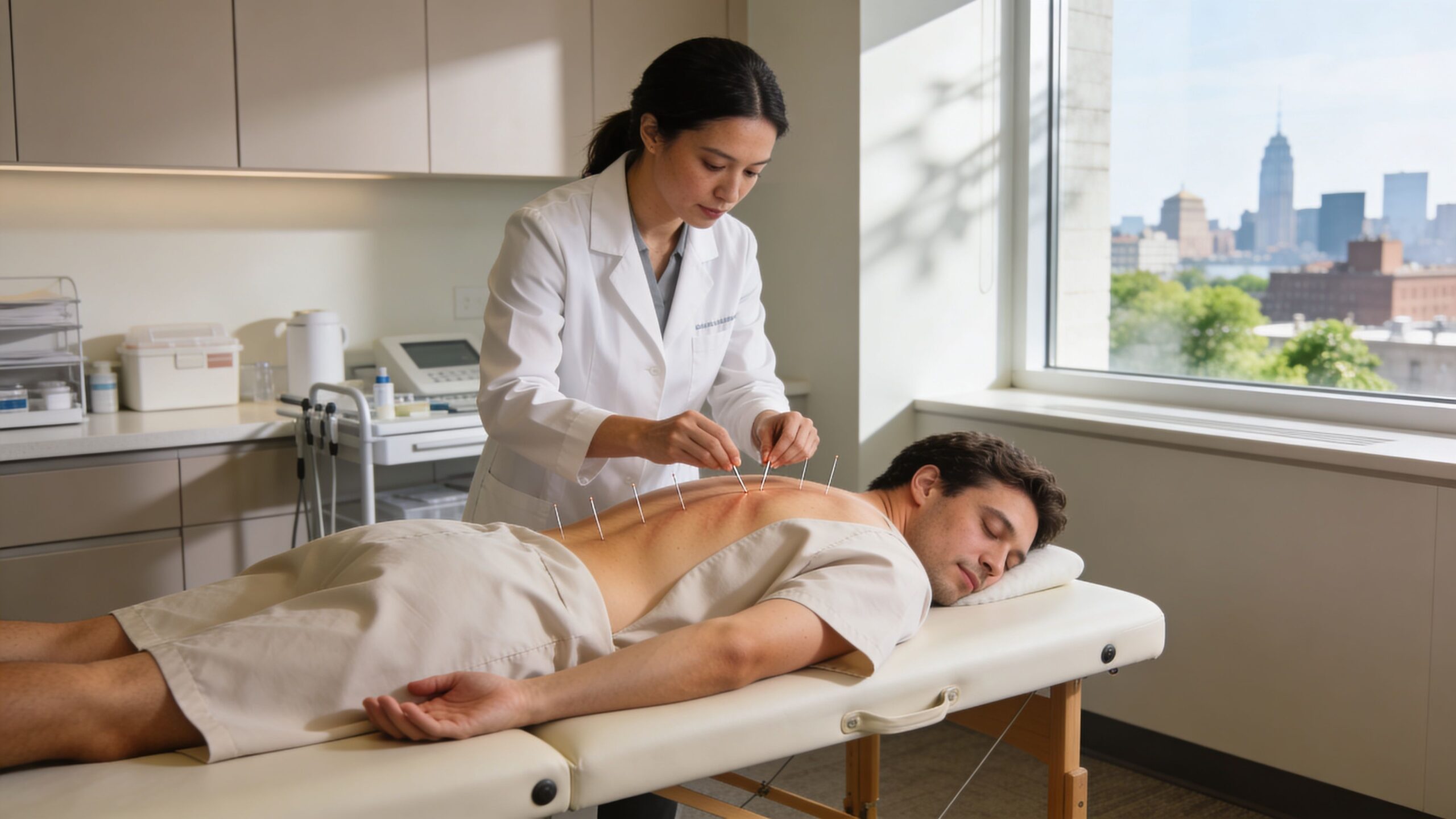 A professional acupuncturist performing dry needling on a patient's back in a bright, modern medical office.