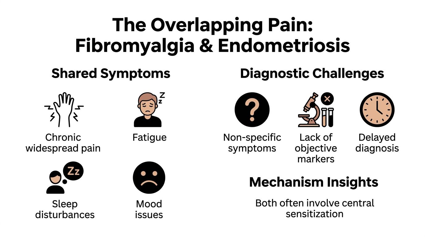 An infographic detailing the overlap between fibromyalgia and endometriosis, highlighting shared symptoms and common diagnostic challenges.