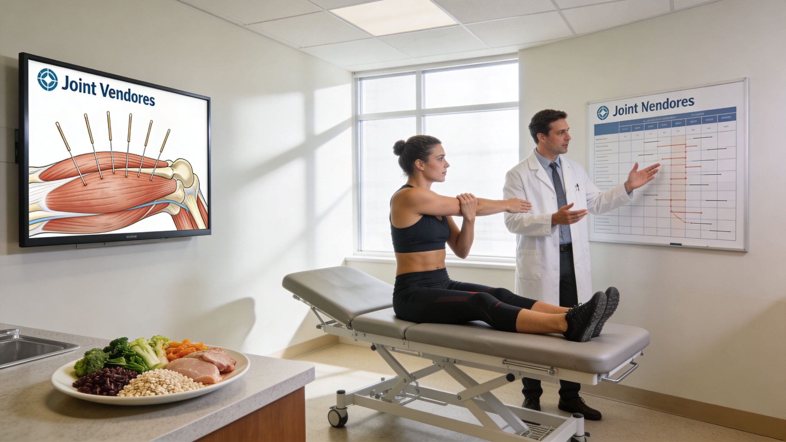 A doctor explaining musculoskeletal treatment options and nutrition to a patient in a medical examination room.