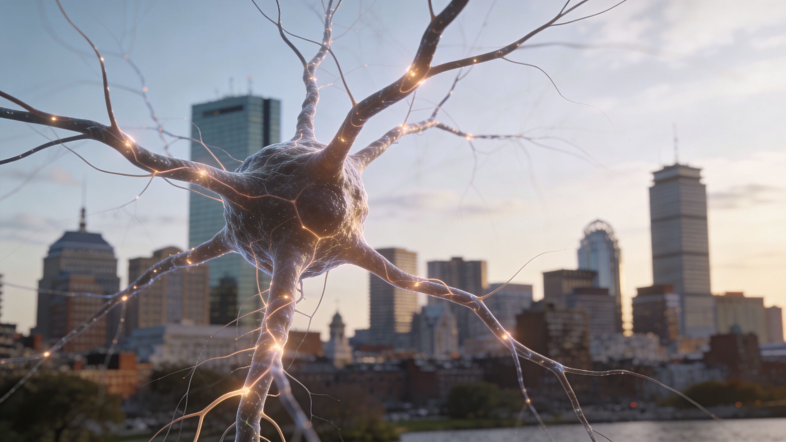 A 3D render of a nerve cell structure glowing against the city skyline of Boston at sunset.