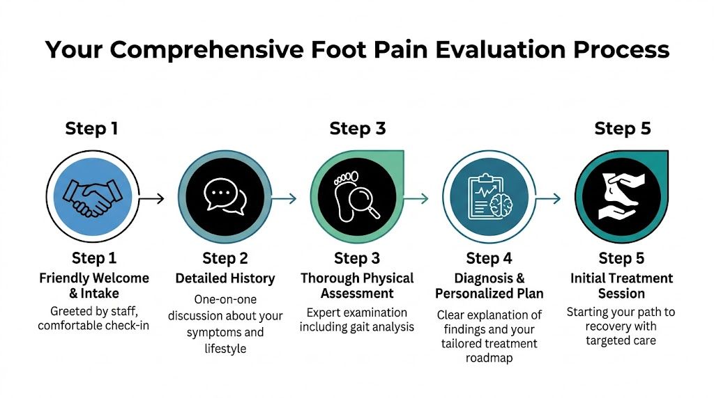 A five-step flowchart illustrating the comprehensive process for evaluating foot pain at a physical therapy clinic.