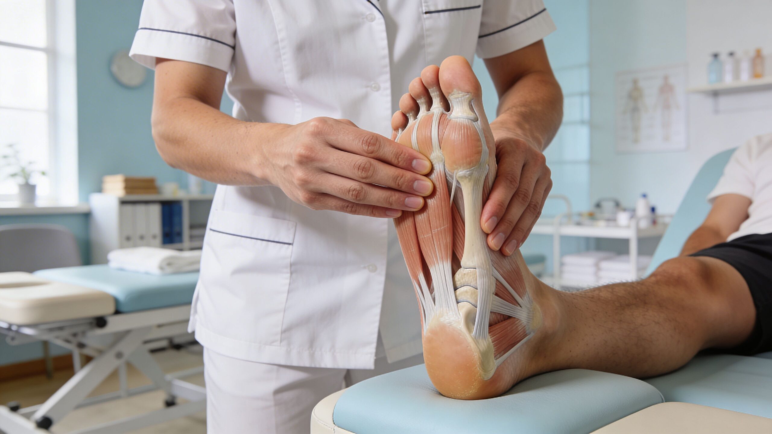 A physical therapist performing manual therapy on a patient foot with anatomical muscle and bone visualization.