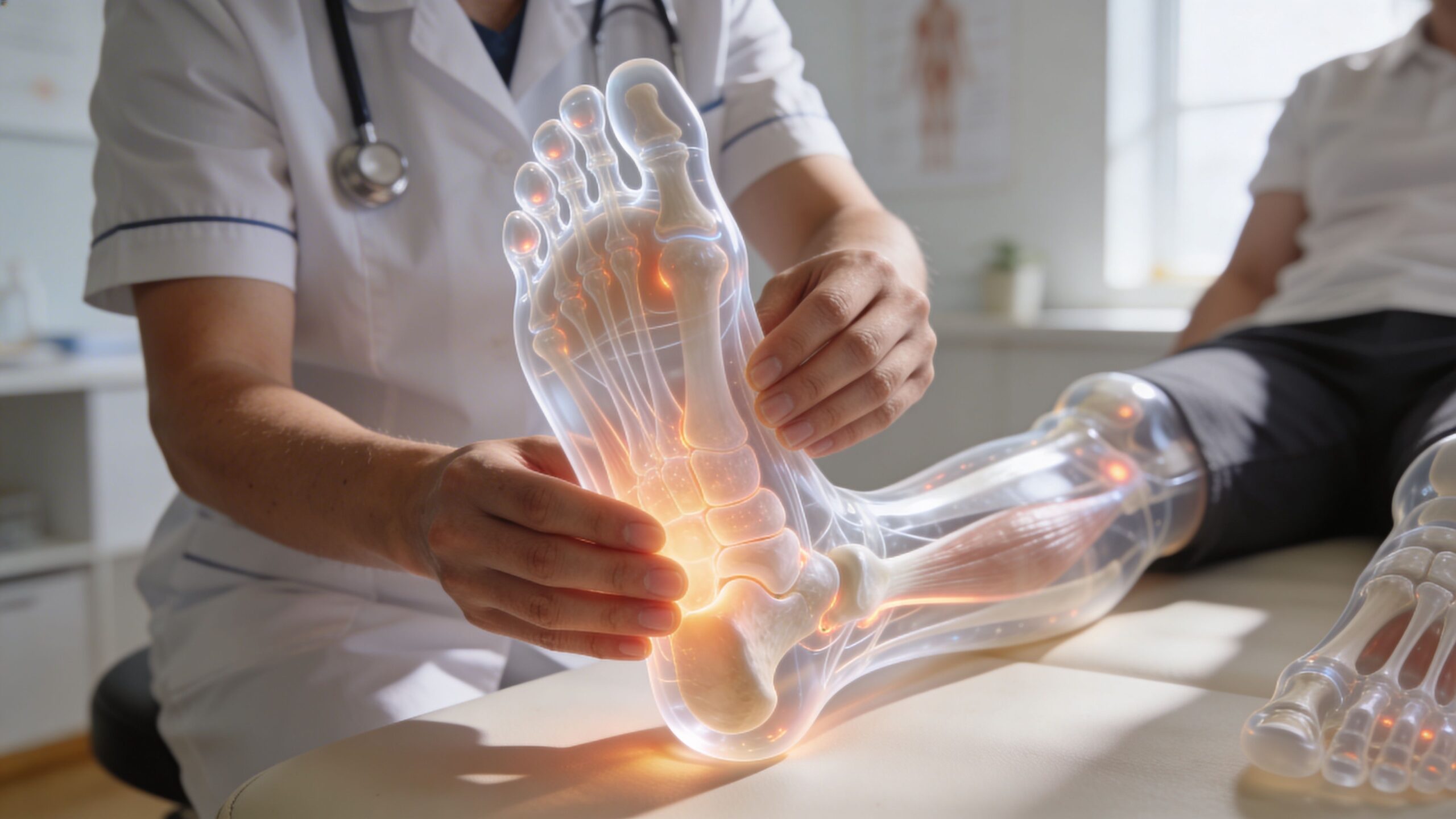 A physical therapist examines a patient's foot with a digital overlay showing bones and muscle anatomy.