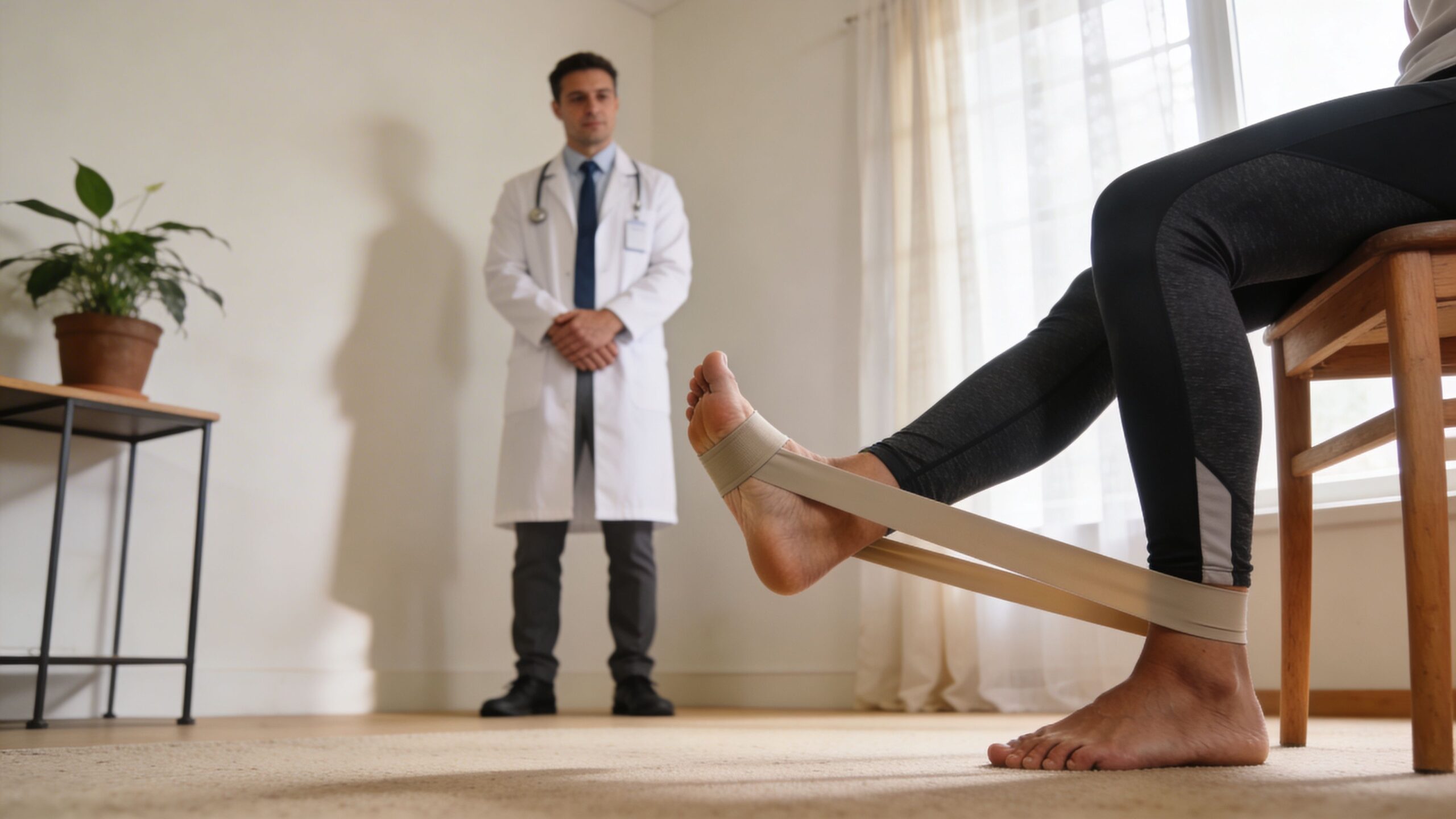 A patient performing a foot resistance band exercise during physical therapy with a doctor watching closely.