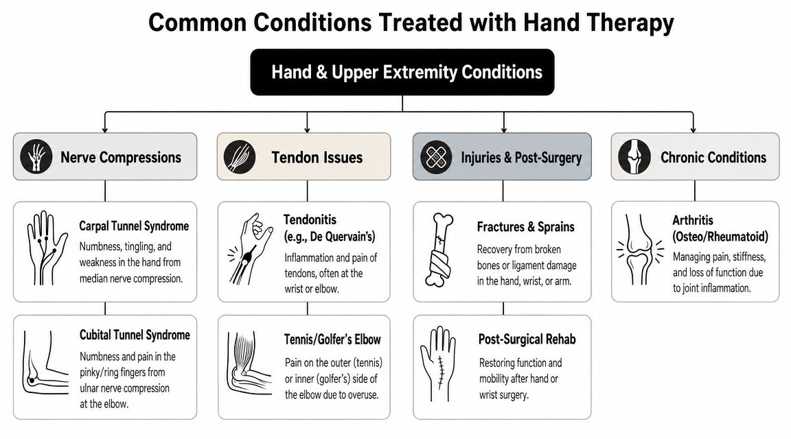A diagram outlining common hand and upper extremity conditions treated by professional hand therapy and rehabilitation services.
