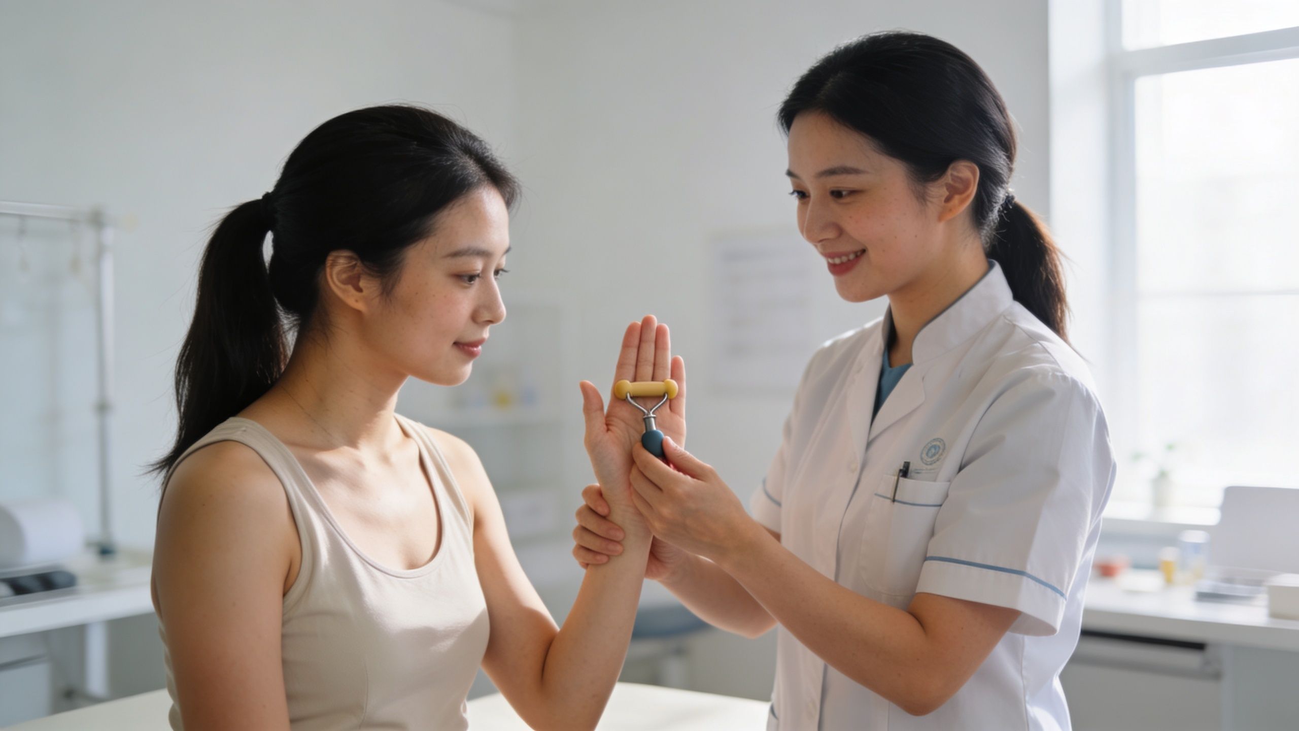 A professional therapist performs hand therapy on a patient using a small rolling massage tool in a clinic.