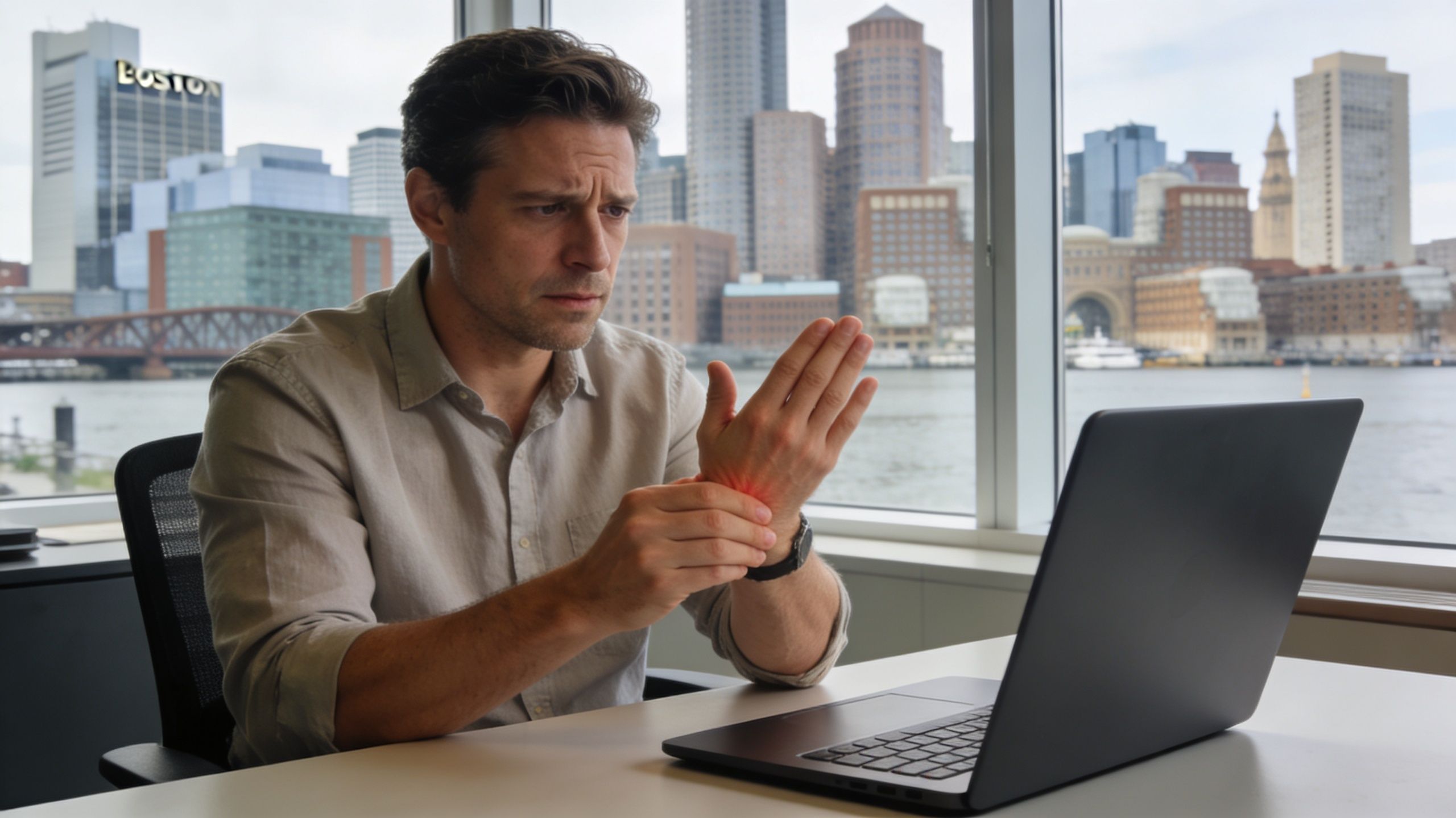 A man at a desk in a Boston office rubbing his painful wrist while using a laptop.
