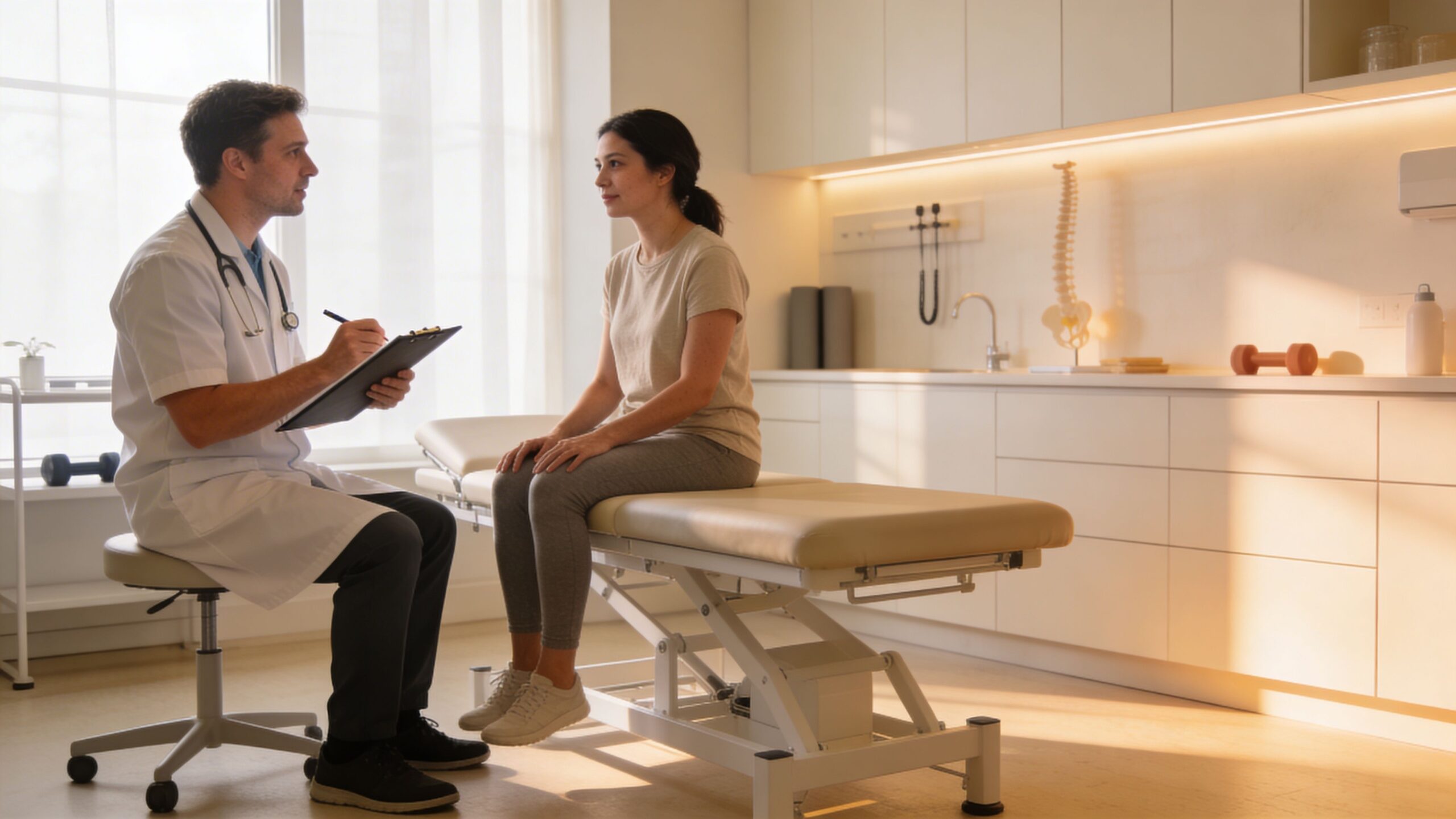 A male physical therapist consults with a female patient sitting on an examination table in a clinic.