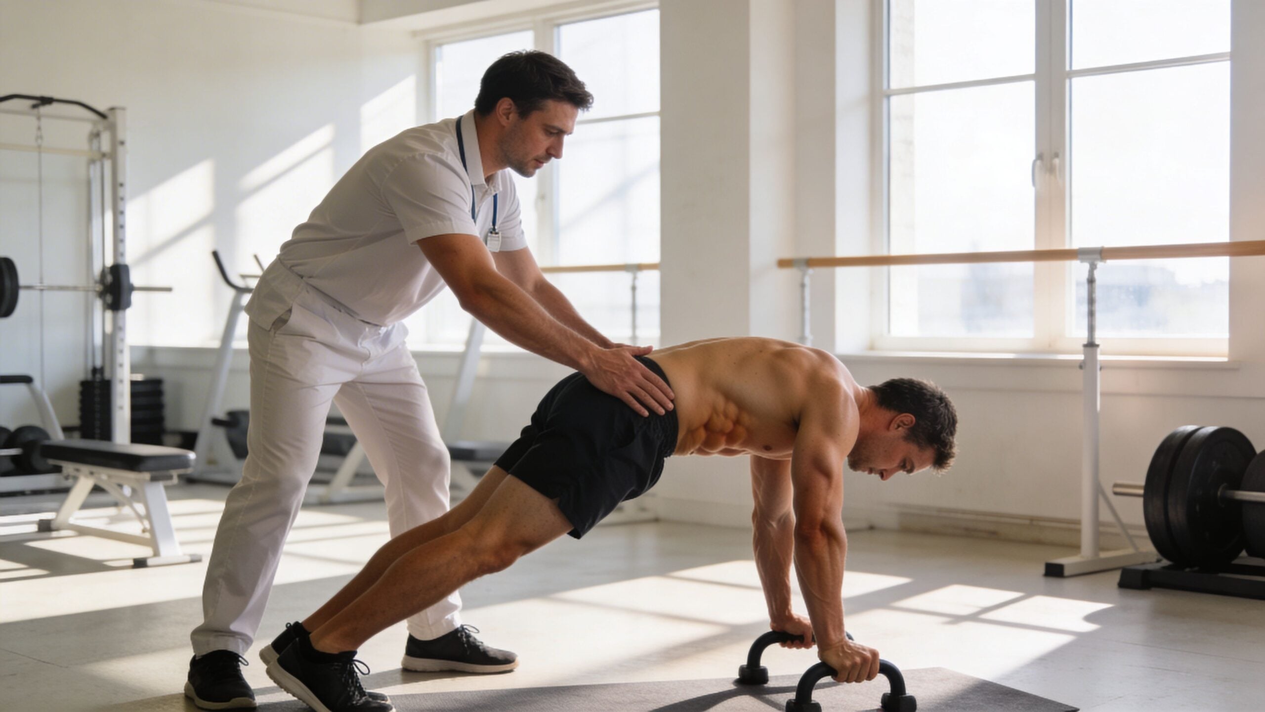 A physical therapist provides hands-on guidance to an athlete performing a plank exercise with push-up handles.