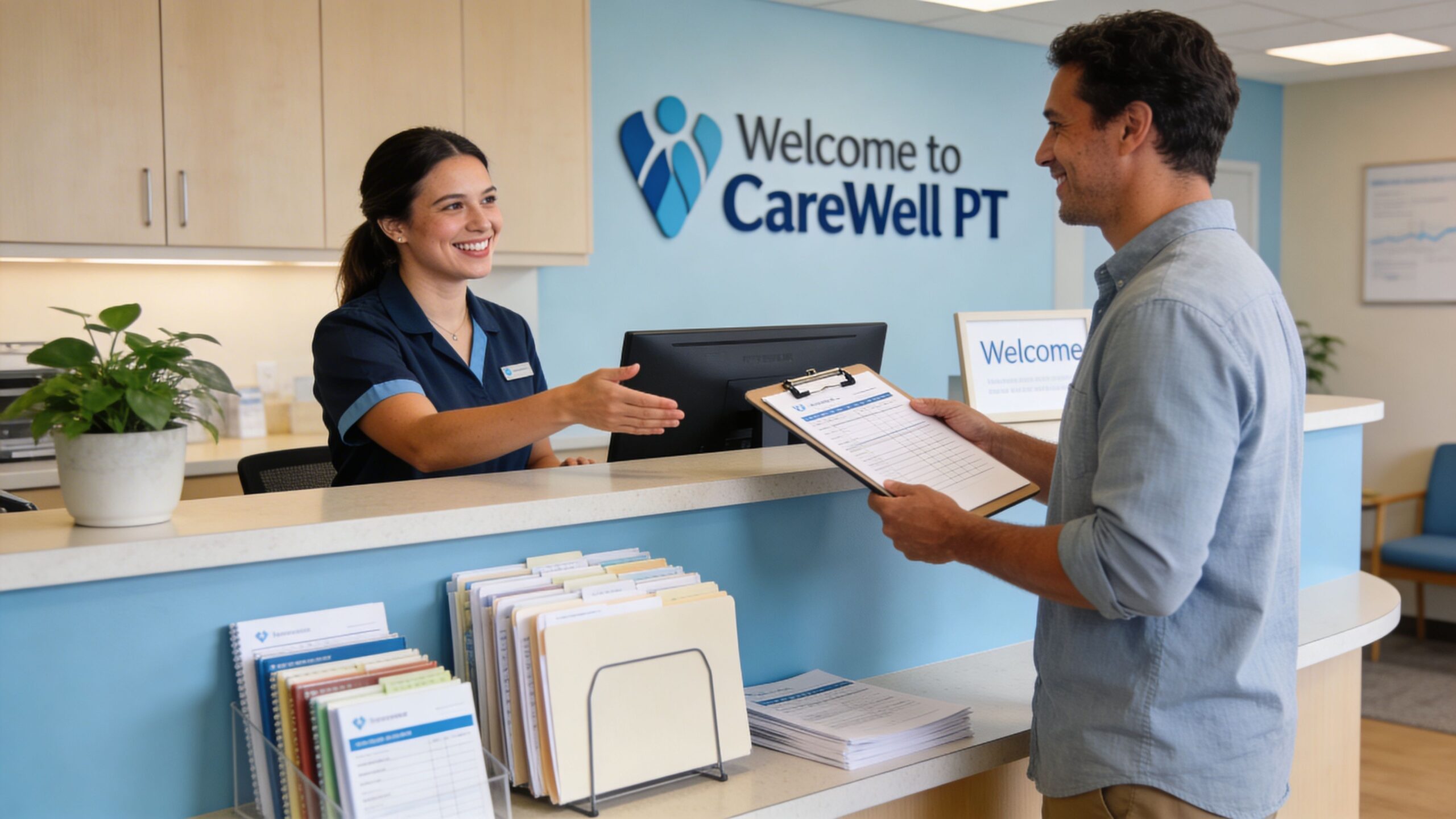A friendly receptionist greets a patient at a physical therapy clinic reception desk with a clipboard.