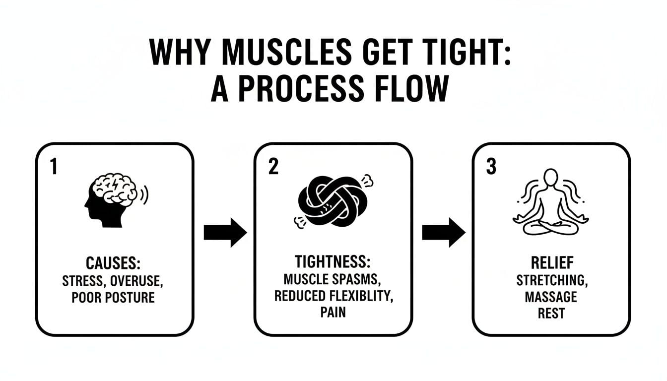 A process flow chart illustrating the causes of tight muscles, symptoms, and methods for relief.