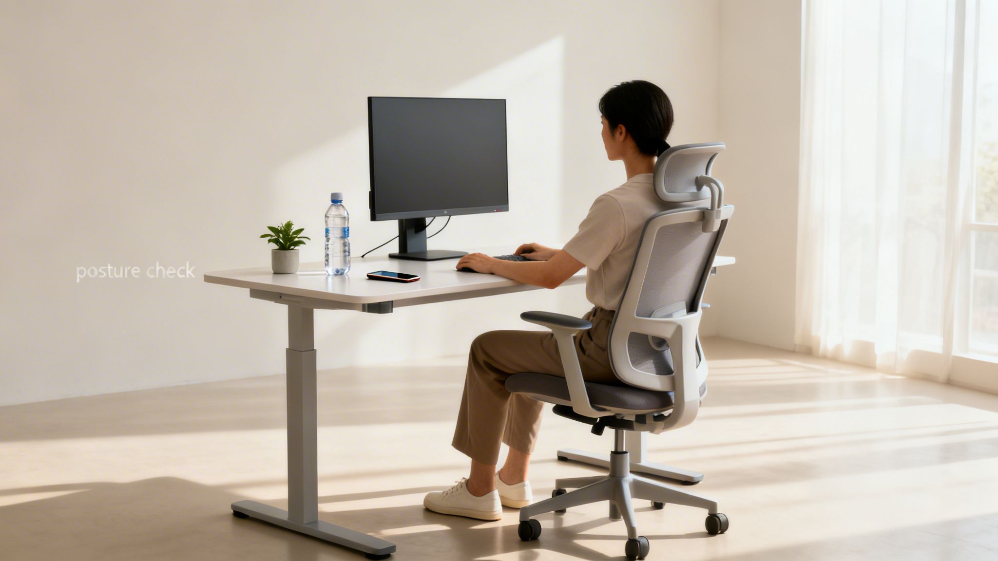A person sits at a white desk in an ergonomic chair, working on a computer in a bright room.