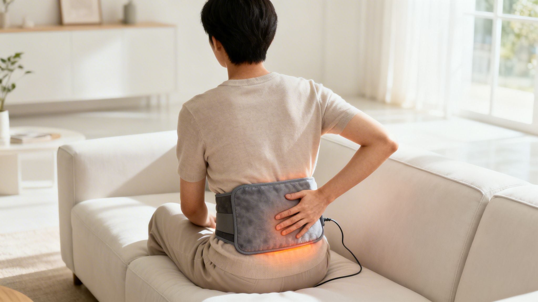 A person sitting on a sofa while using a heated back wrap to relieve lower back pain.