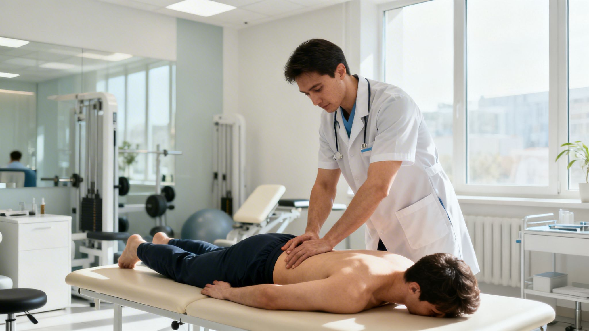 A professional physical therapist performs a back massage on a patient lying on a treatment table.