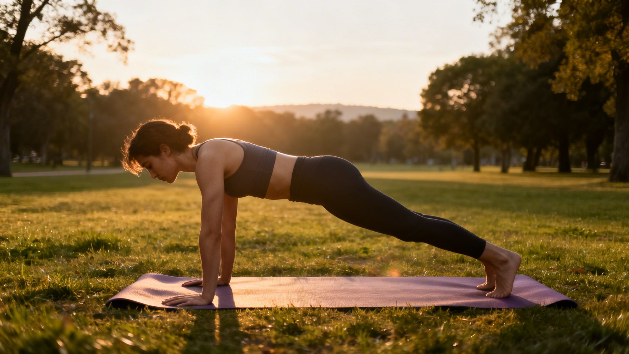 A fit woman practicing a plank pose on a yoga mat in a sunny park at sunset.