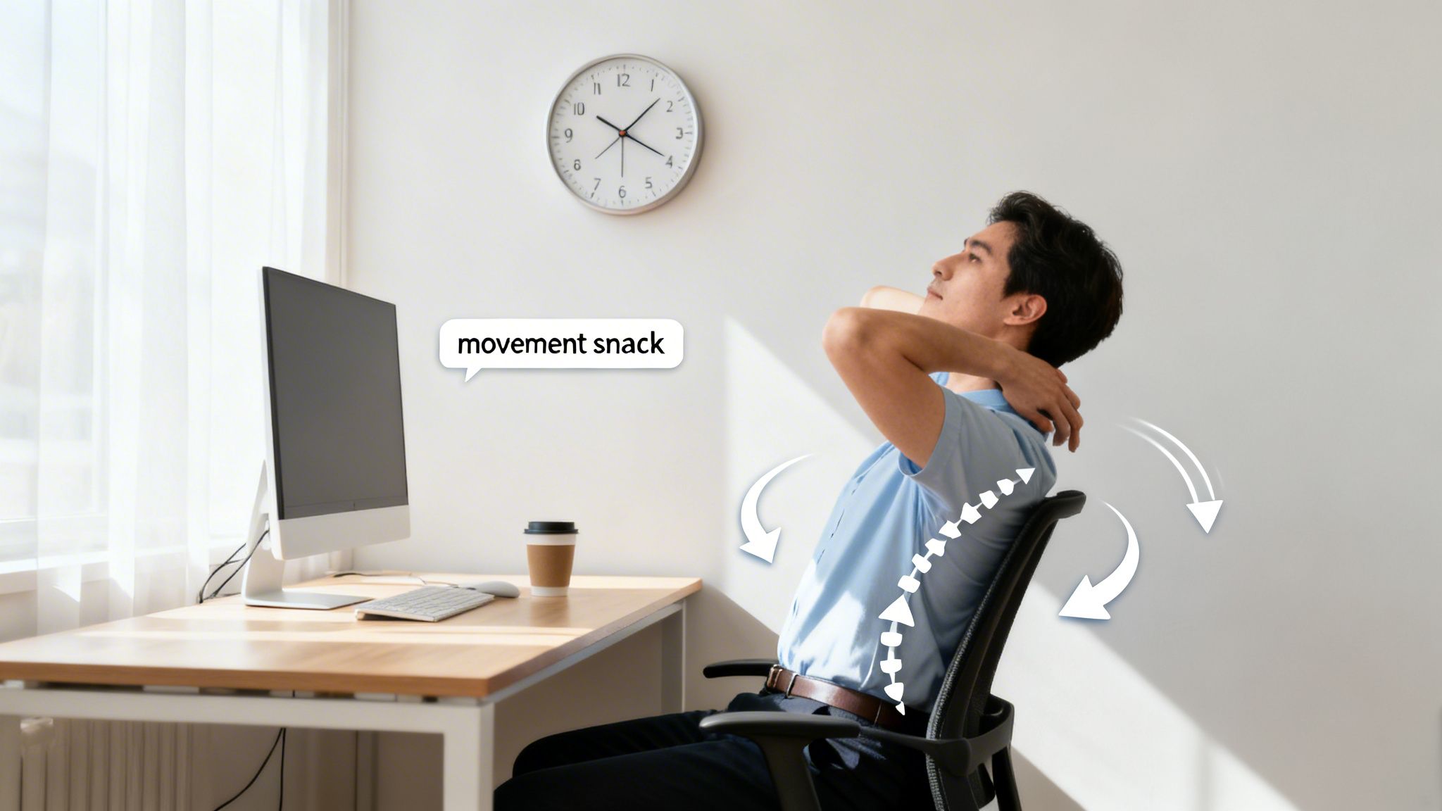 A man stretching his neck and back while sitting at an office desk, illustrating a "movement snack."