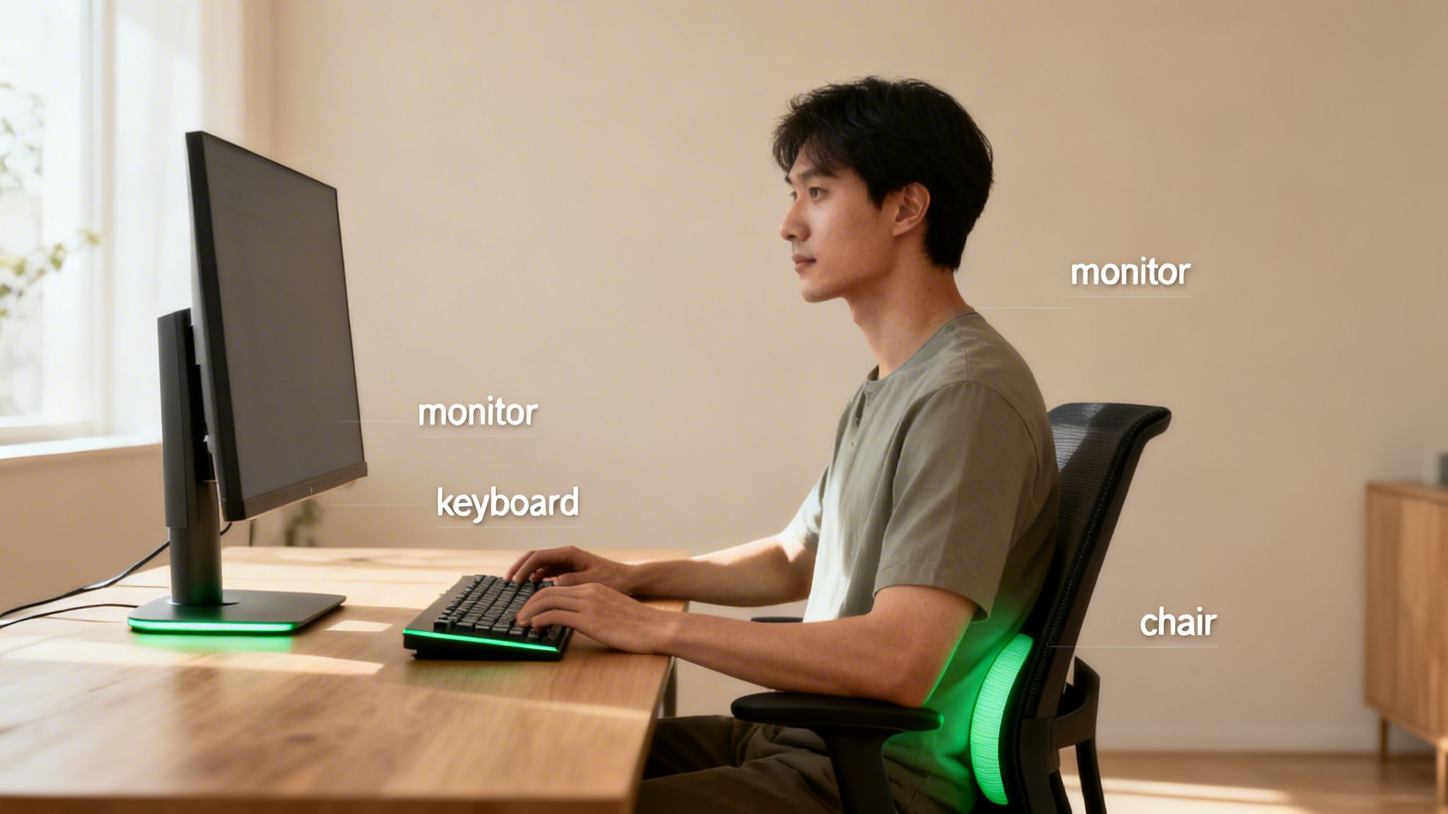 A man sits at a desk with a monitor and keyboard, demonstrating good ergonomic posture with lumbar support.