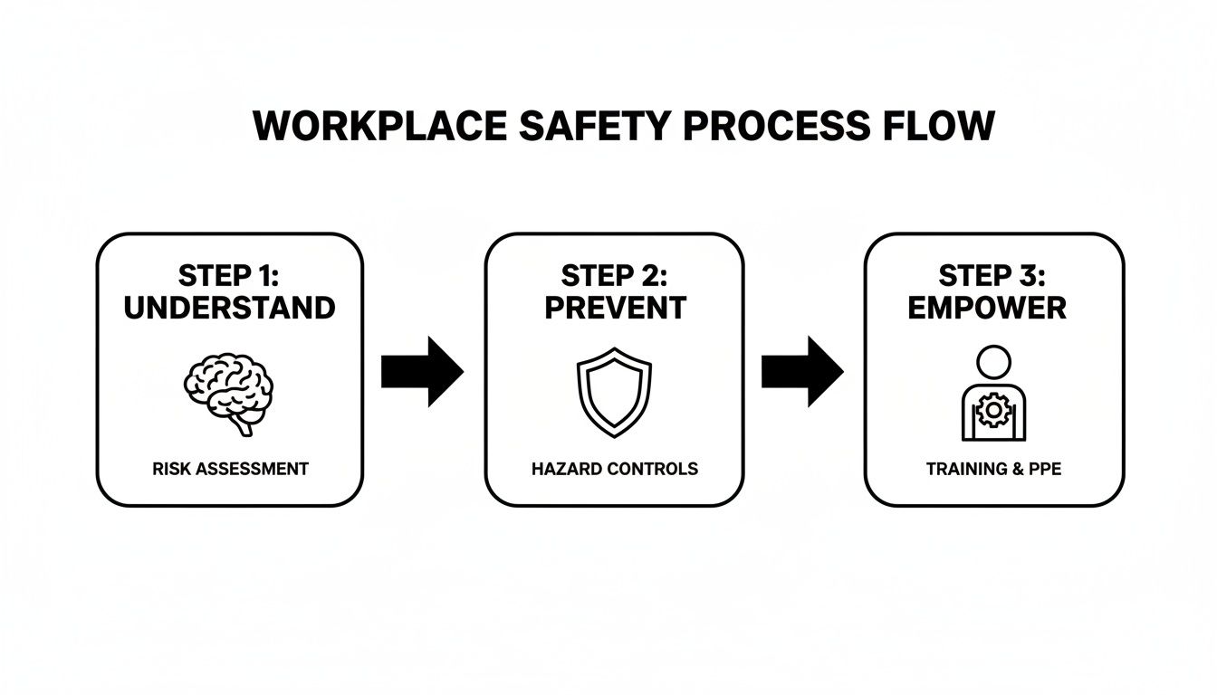 A 3-step workplace safety process flow: understand risks, prevent hazards, and empower with training.