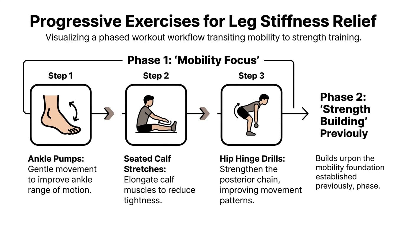 A diagram outlining a three-step mobility exercise routine to help relieve leg muscle stiffness and improve mobility.