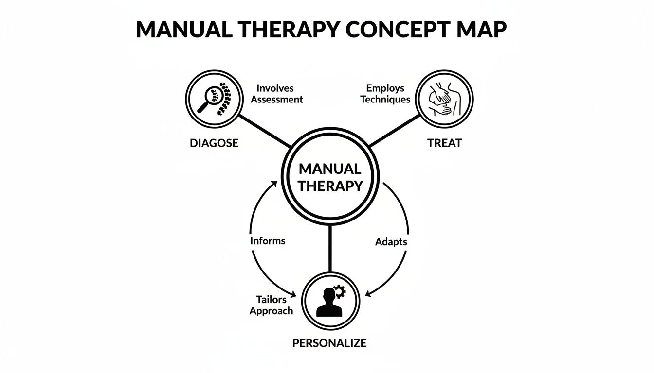A manual therapy concept map detailing the iterative process of diagnose, treat, and personalize.