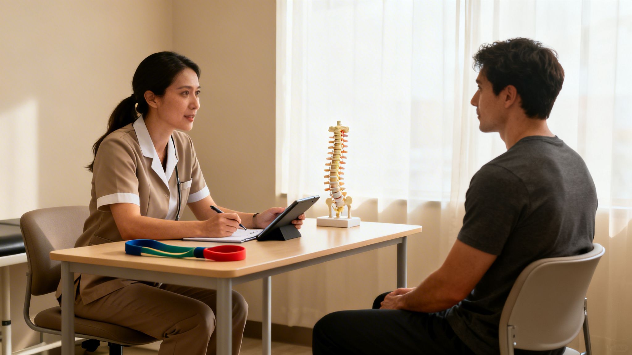 A female physical therapist consults with a male patient, discussing spinal health and treatment.
