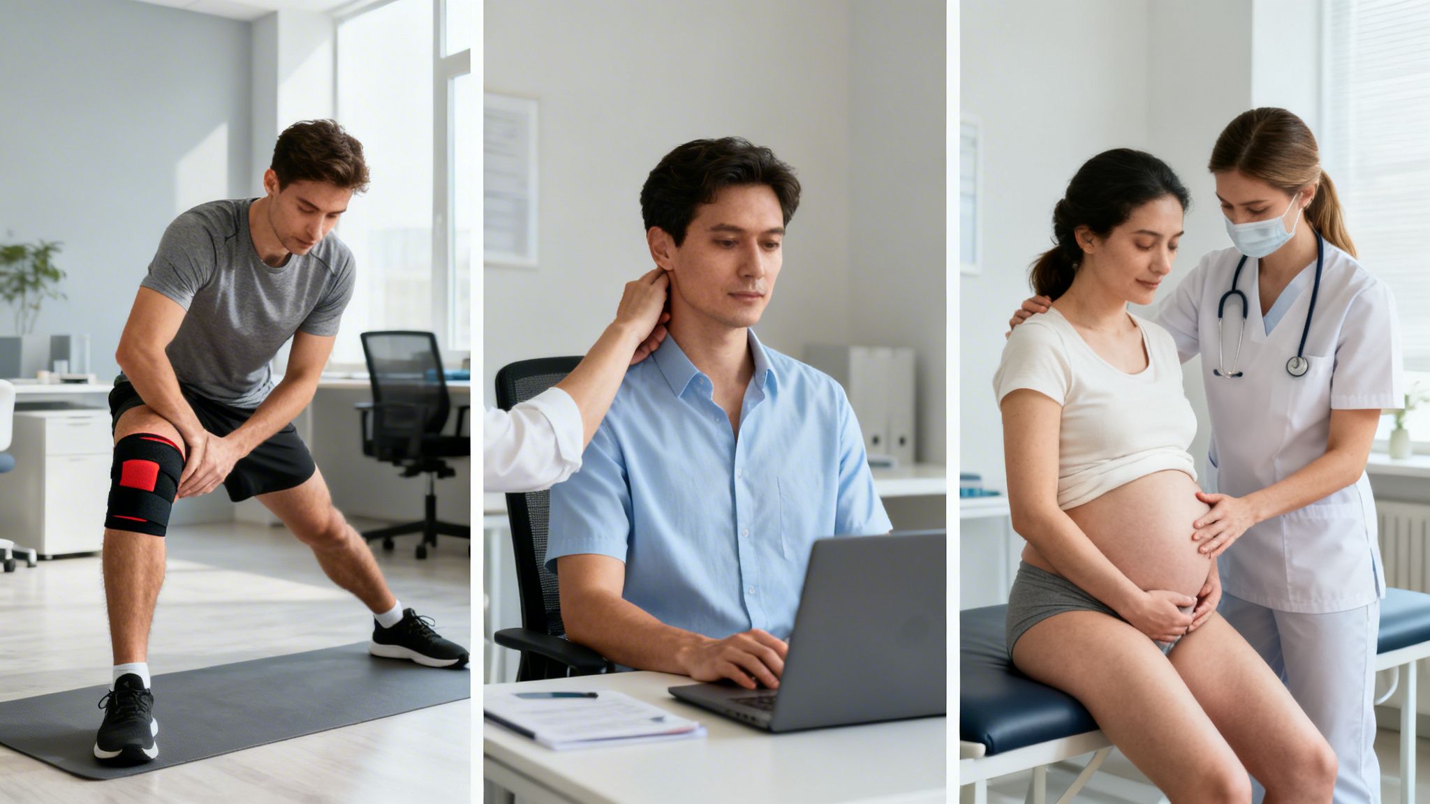 Three panels show a man with a knee brace stretching, a man receiving neck therapy, and a pregnant woman with a doctor.