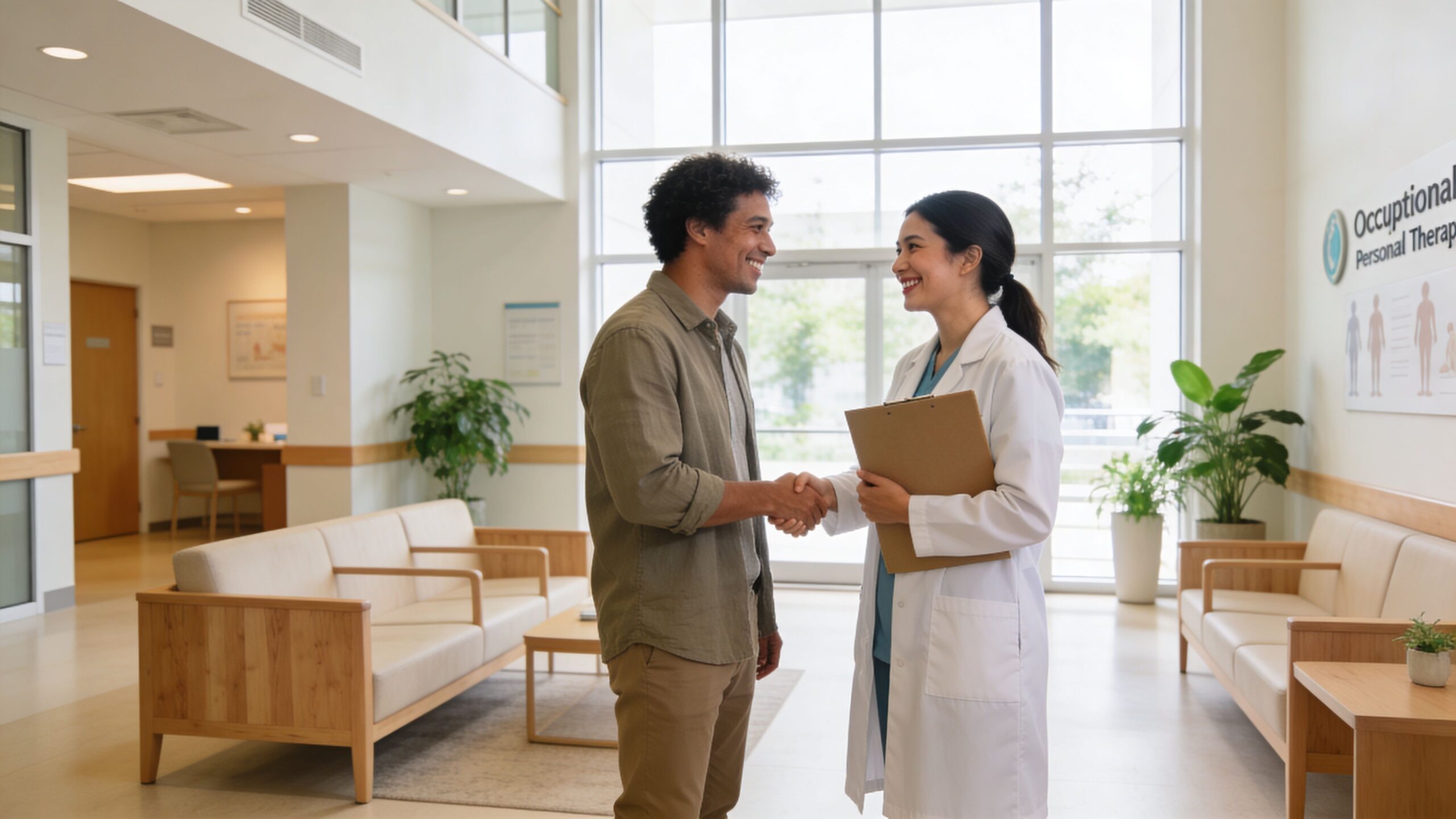 A friendly occupational therapist shakes hands with a male patient in a bright, modern clinic lobby.