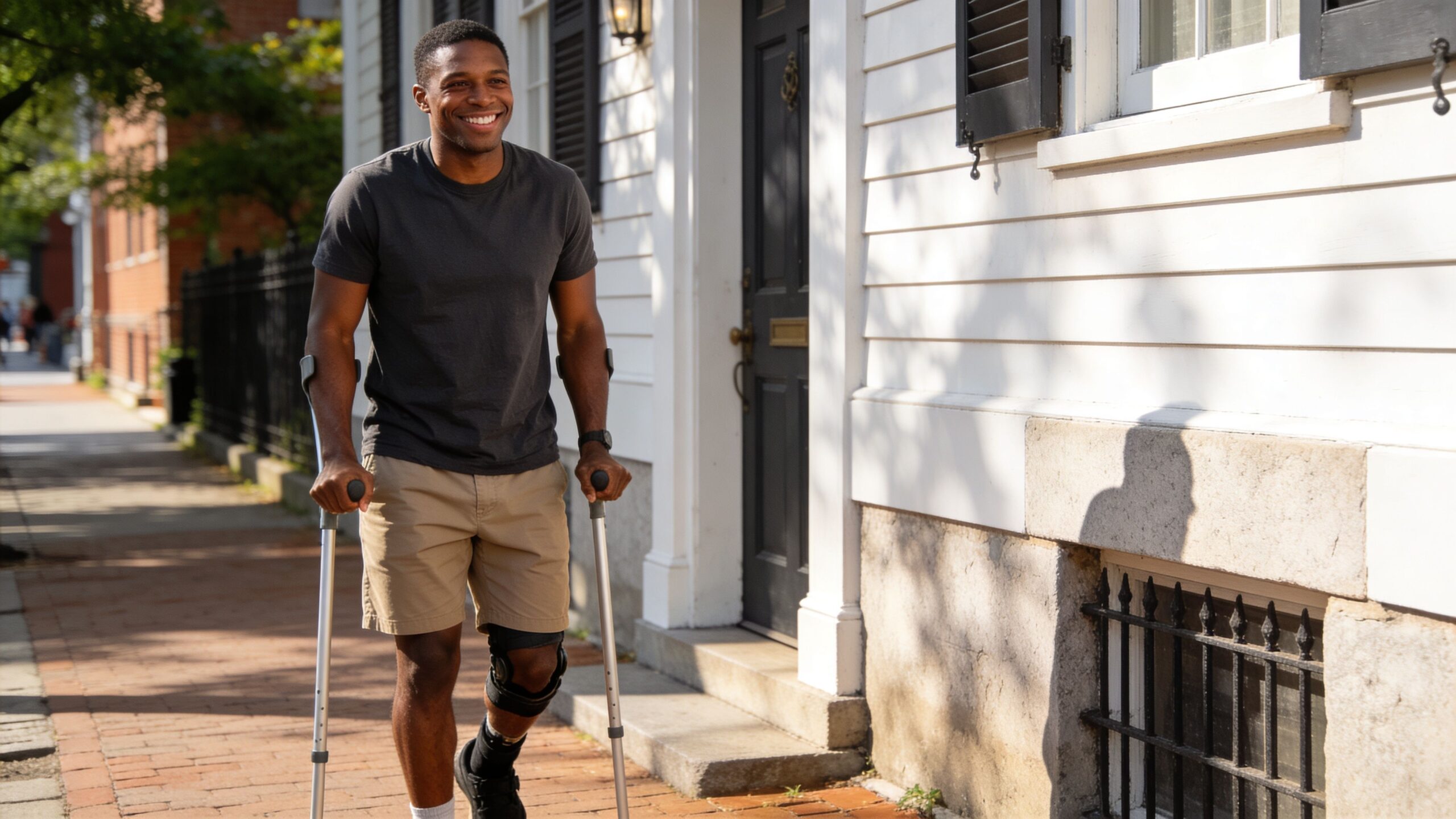 A happy young man walking on a brick sidewalk using crutches and a knee brace for recovery.
