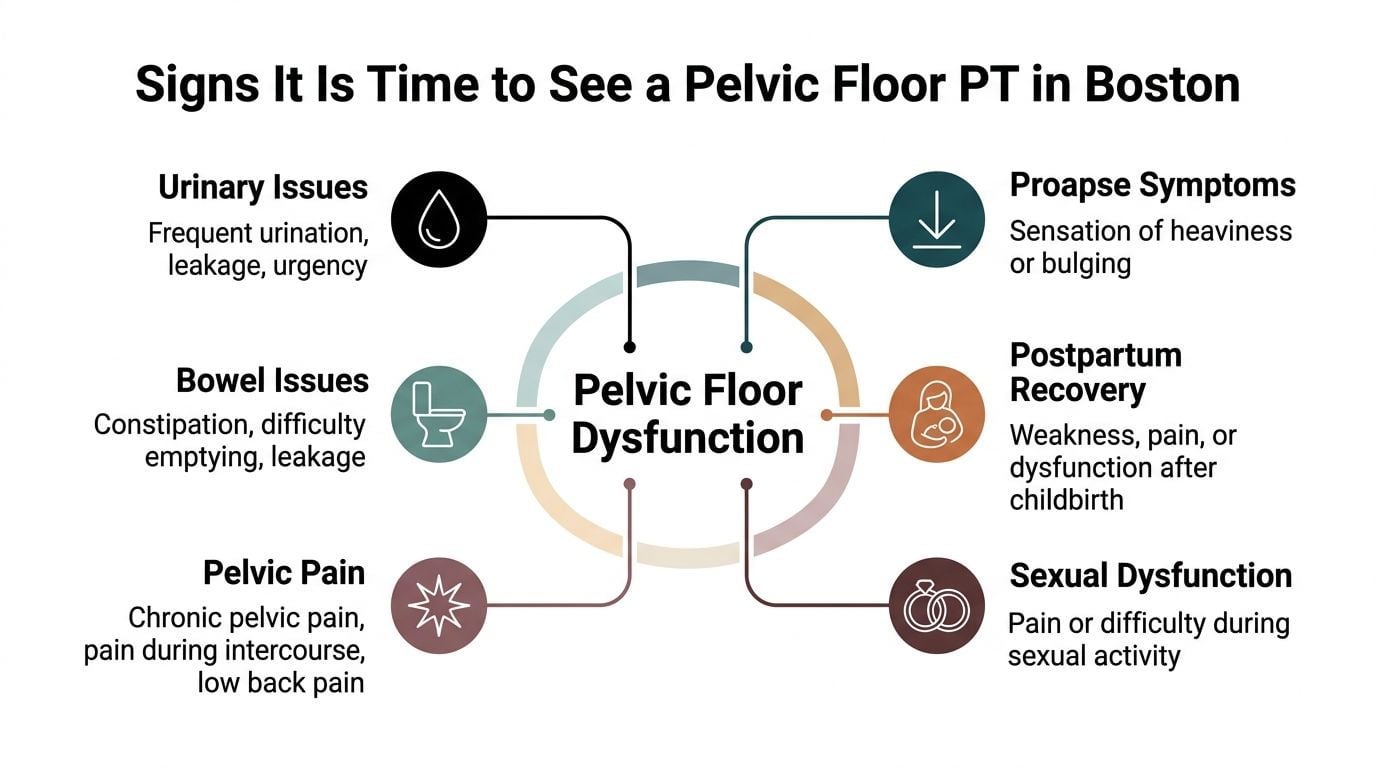 An infographic detailing common signs and symptoms of pelvic floor dysfunction requiring physical therapy treatment.