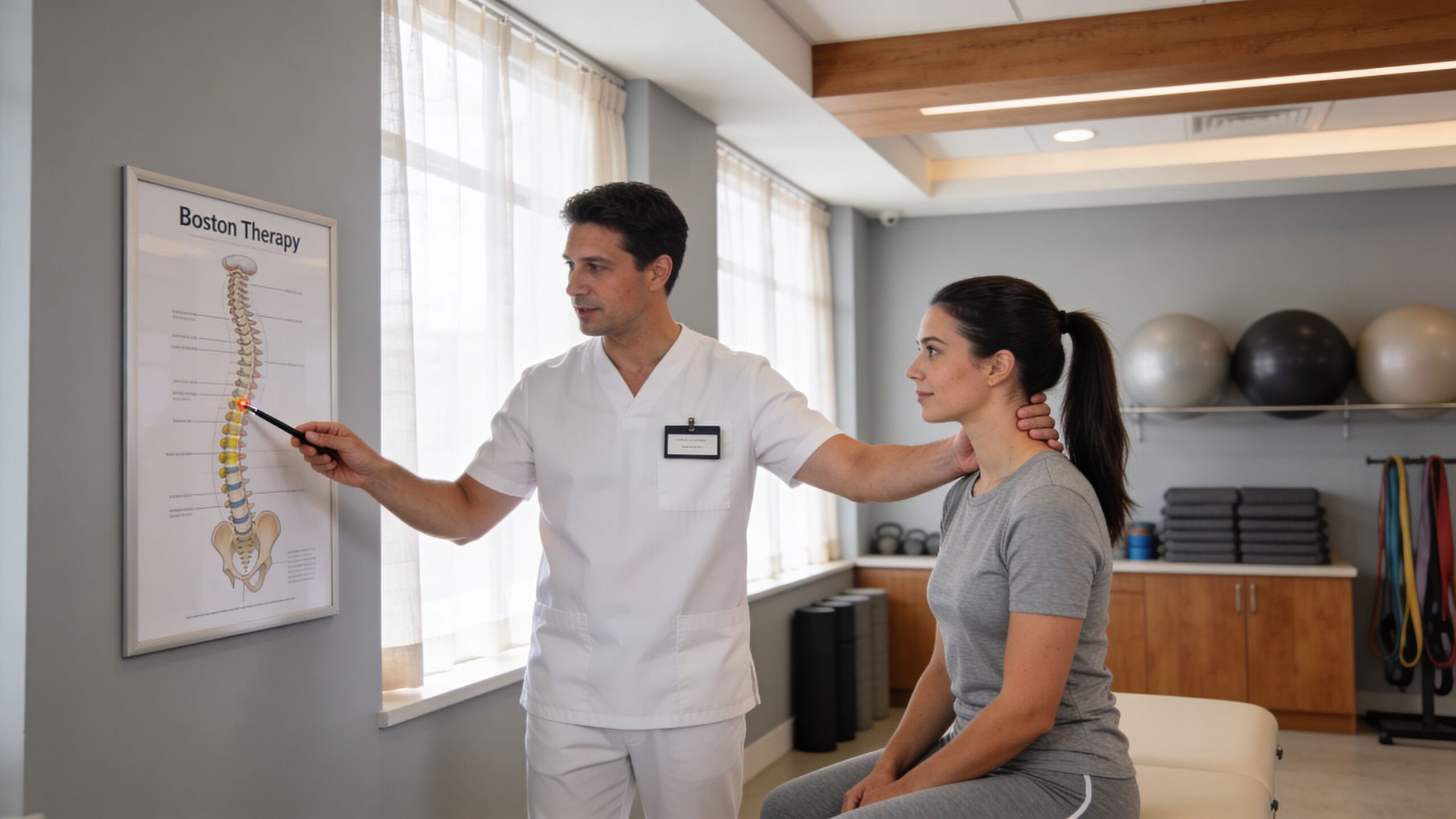 A physical therapist explains spinal anatomy to a female patient sitting on a therapy table in a clinic.