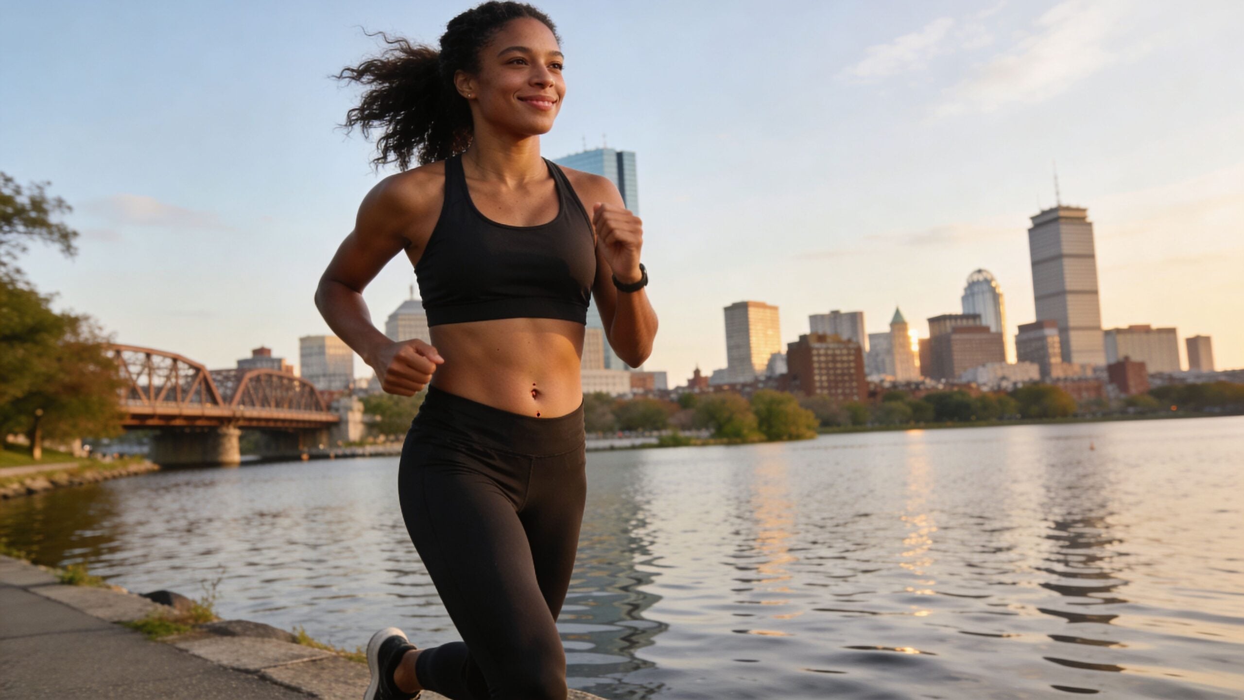 A fit woman jogging along the Charles River with the Boston skyline in the background at sunset.
