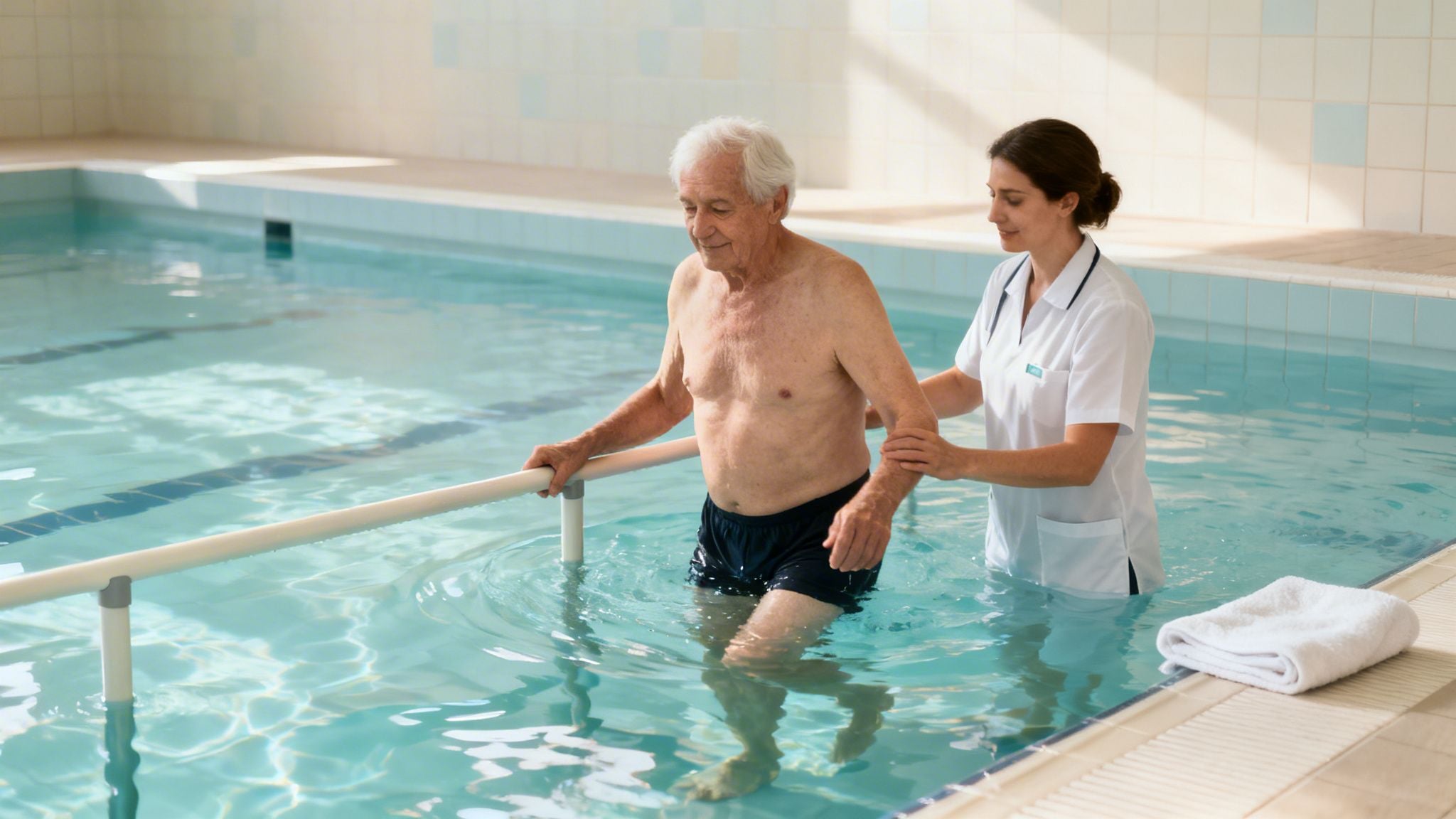 Elderly man receiving hydrotherapy in a pool, assisted by a female physical therapist.