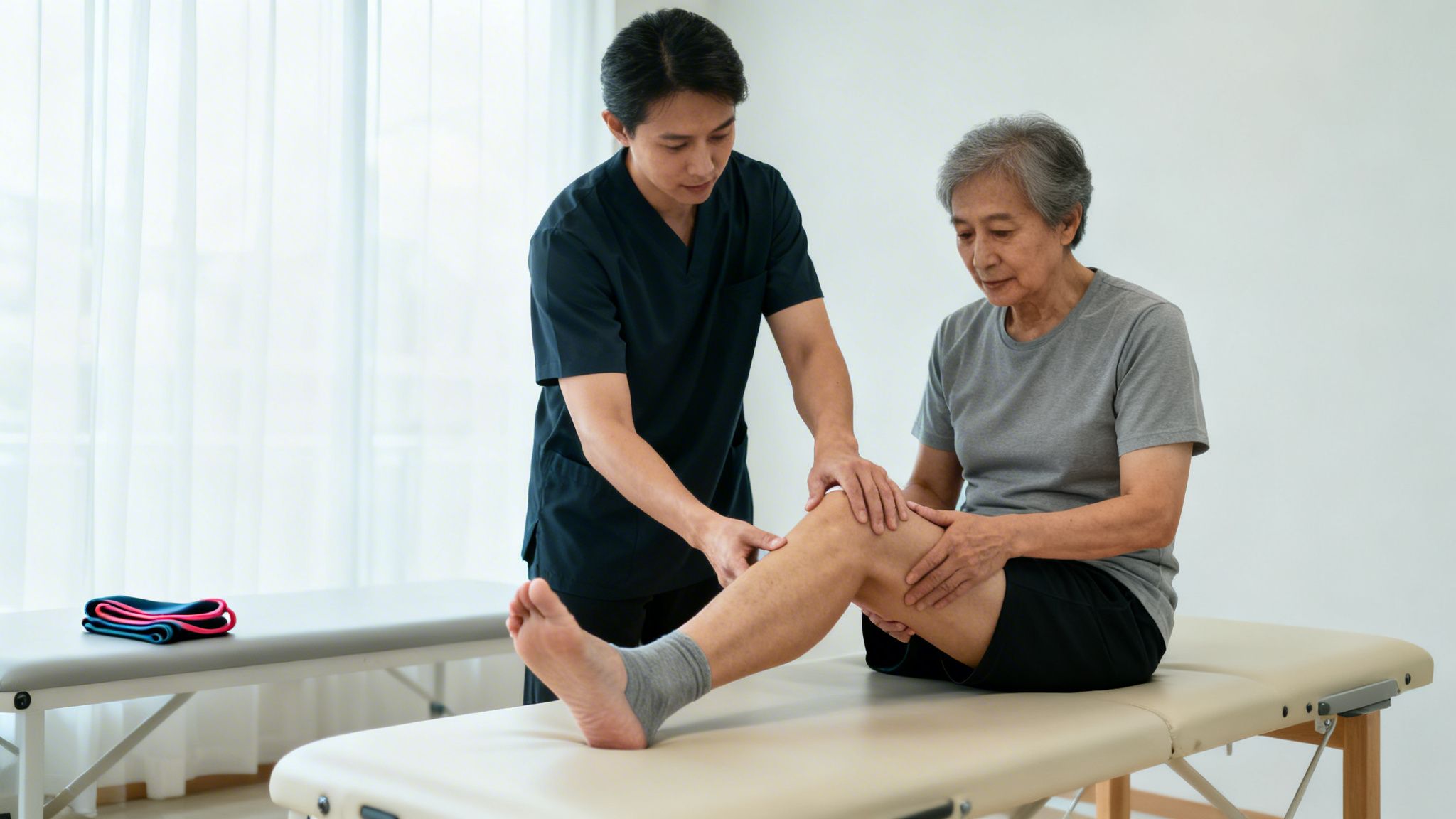 A male physical therapist examines the knee of an elderly Asian woman during a therapy session.