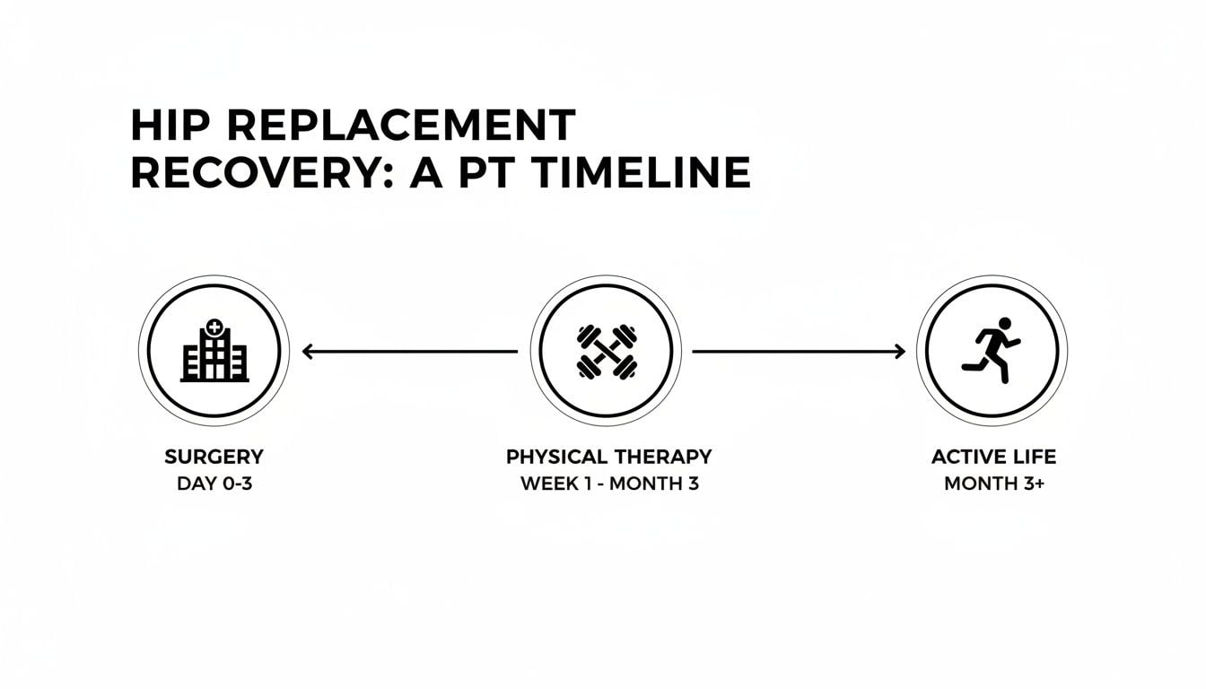 Timeline illustrating hip replacement recovery stages: surgery, physical therapy, and active life.