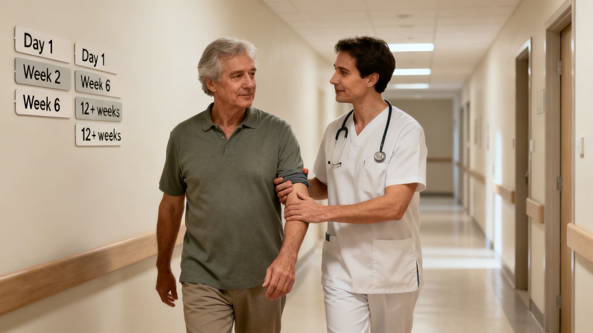 A male physical therapist assists an older man walking in a hospital hallway with recovery timeline signs.