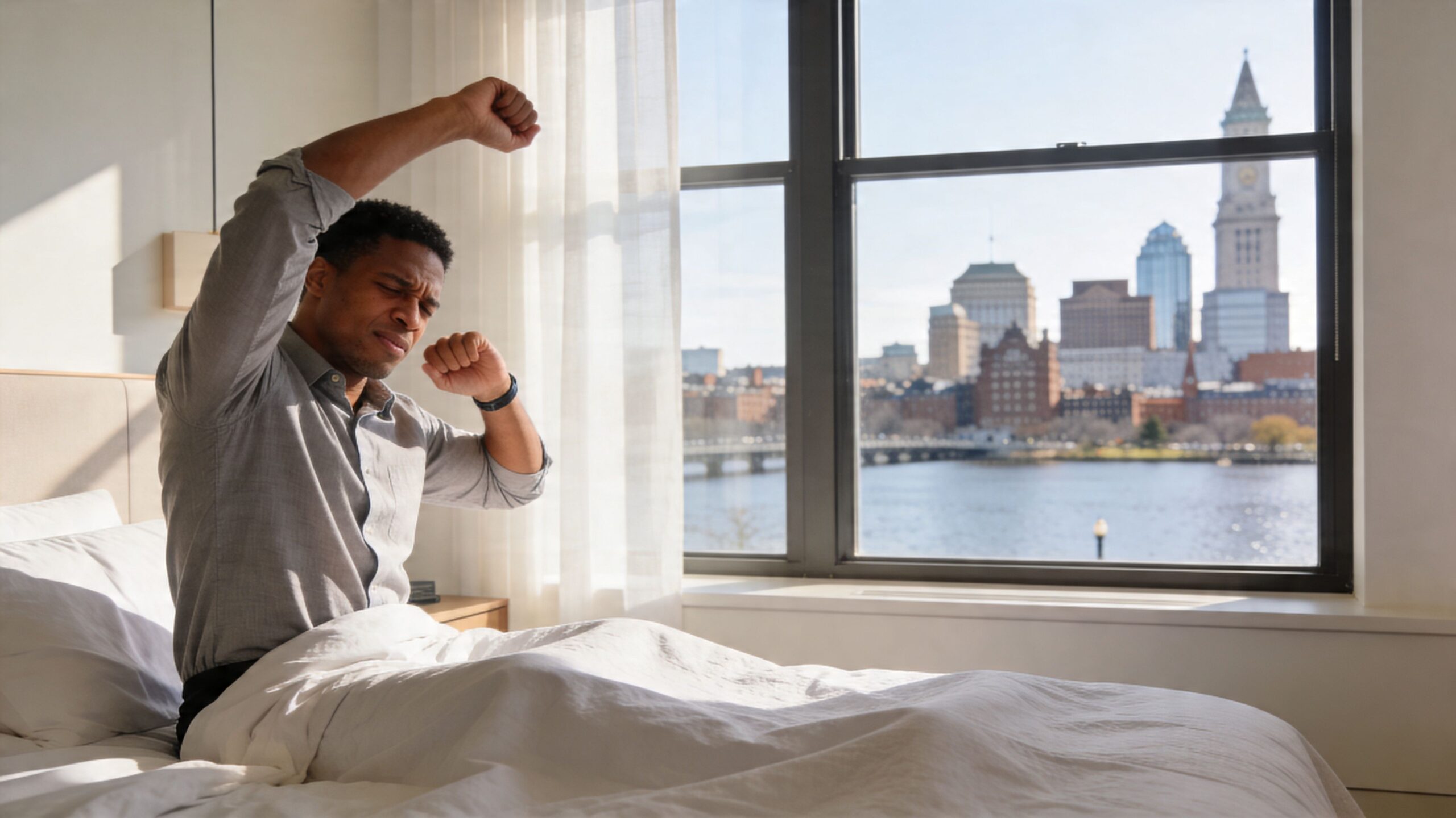 A man stretching in bed overlooking the Boston Back Bay skyline with the Charles River in view.