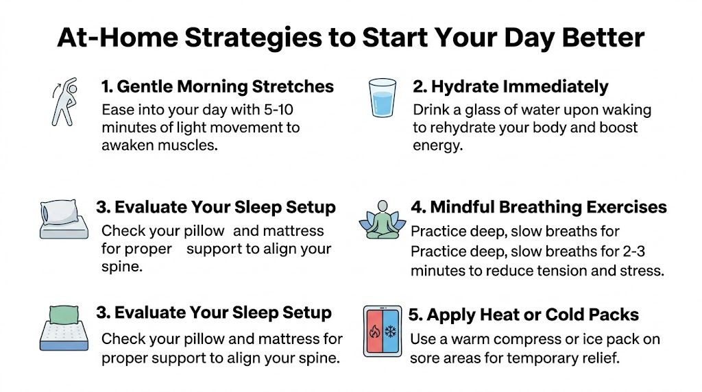A list of five simple morning routines and strategies for physical health and daily wellness.