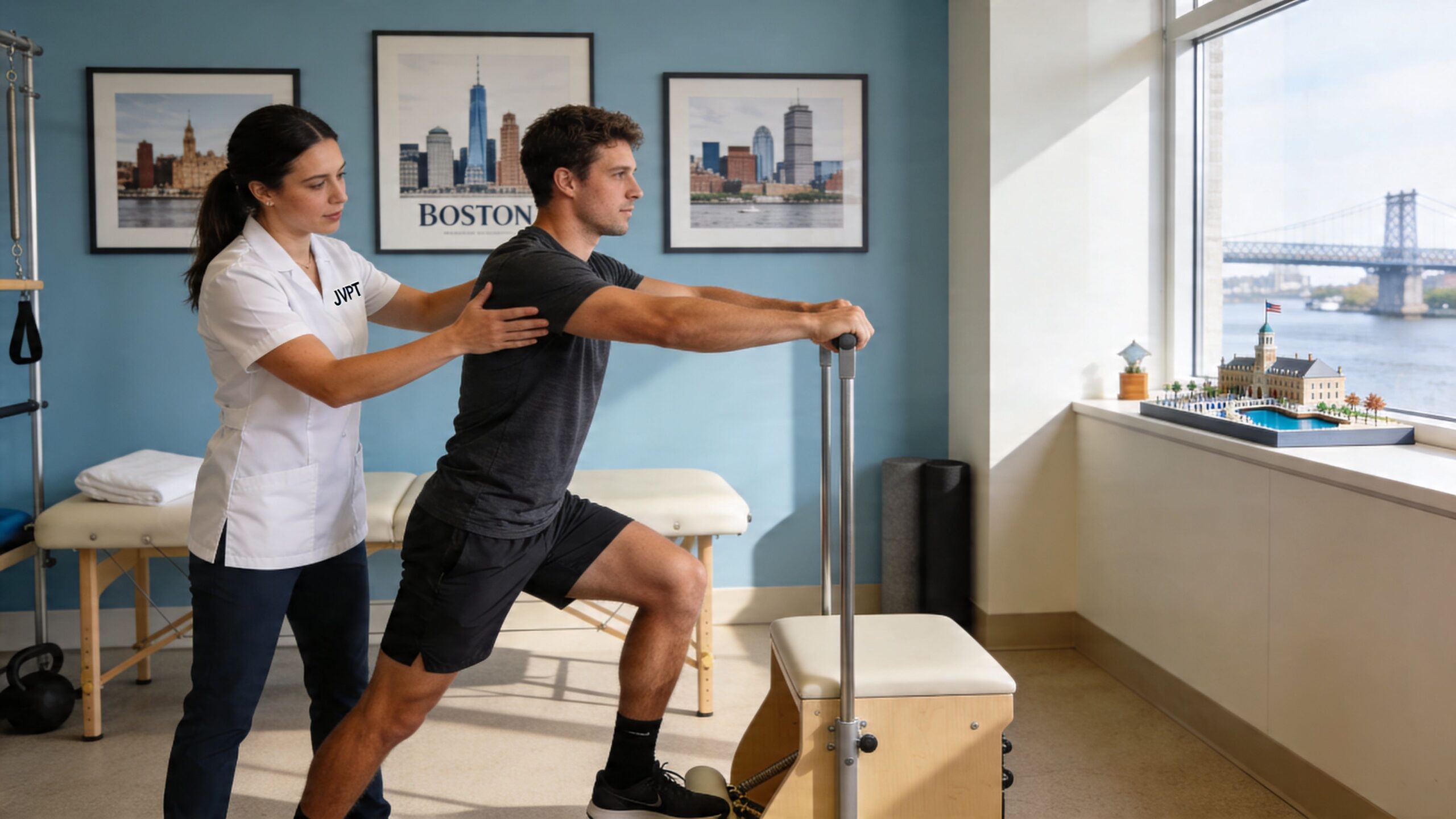 A physical therapist guiding a patient through a lunge exercise in a professional Boston rehabilitation clinic.